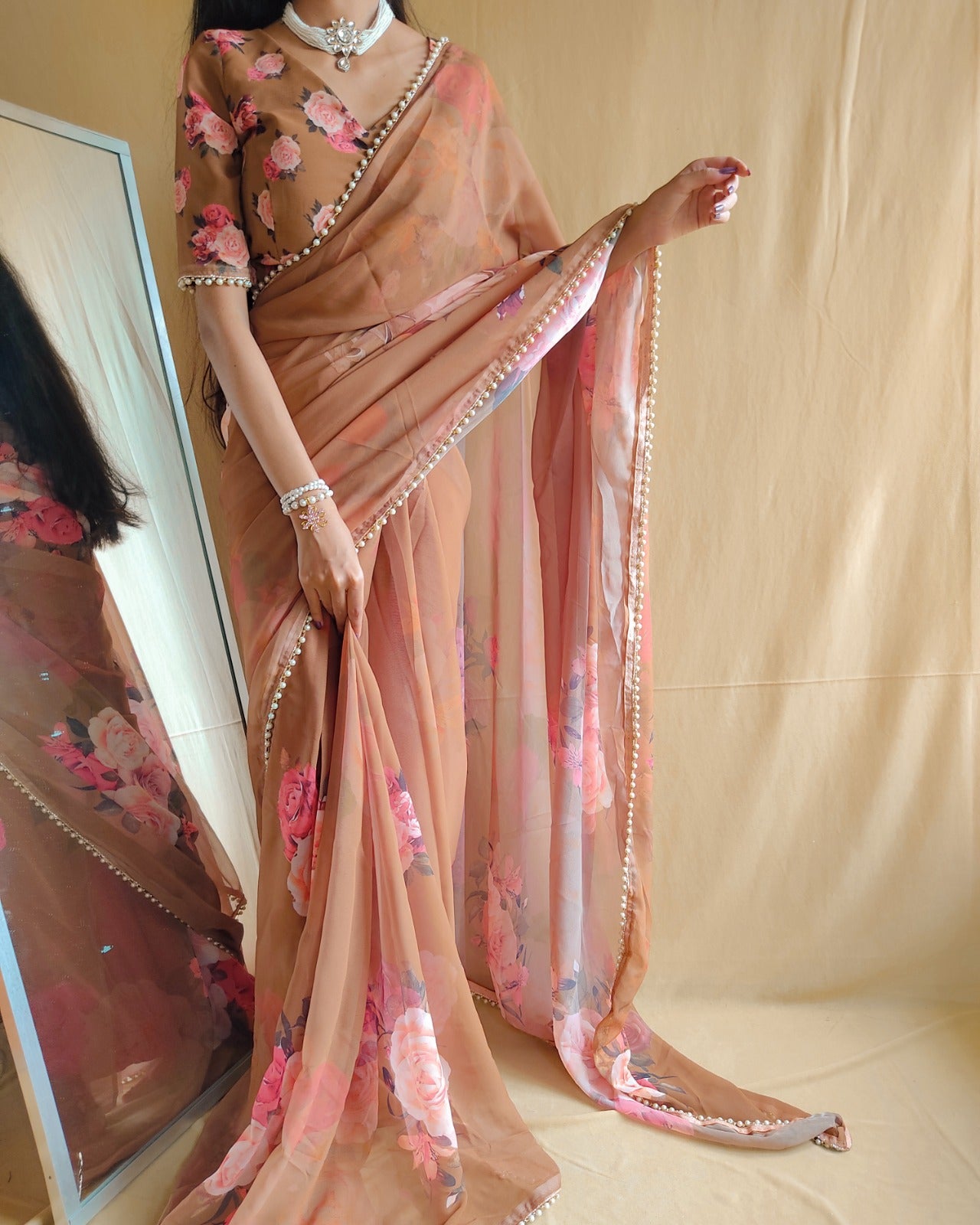 Floral Georgette Saree with Pearl Lace