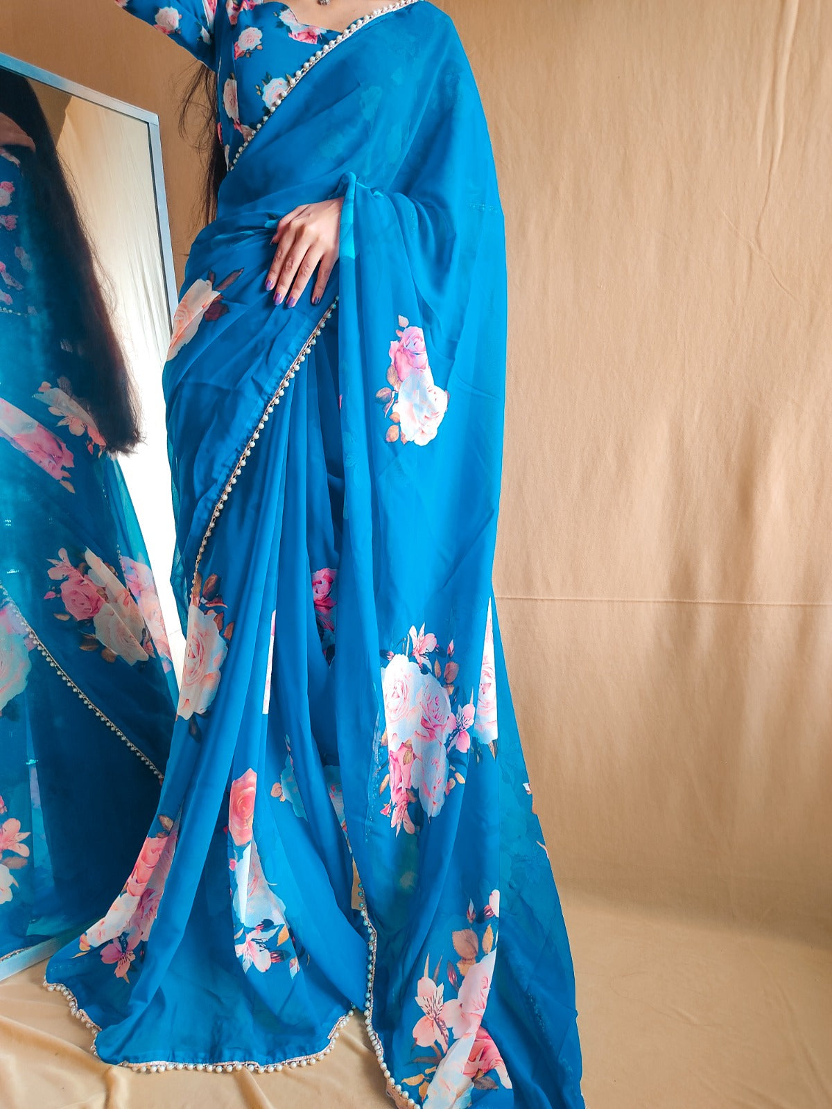 Floral Georgette Saree with Pearl Lace