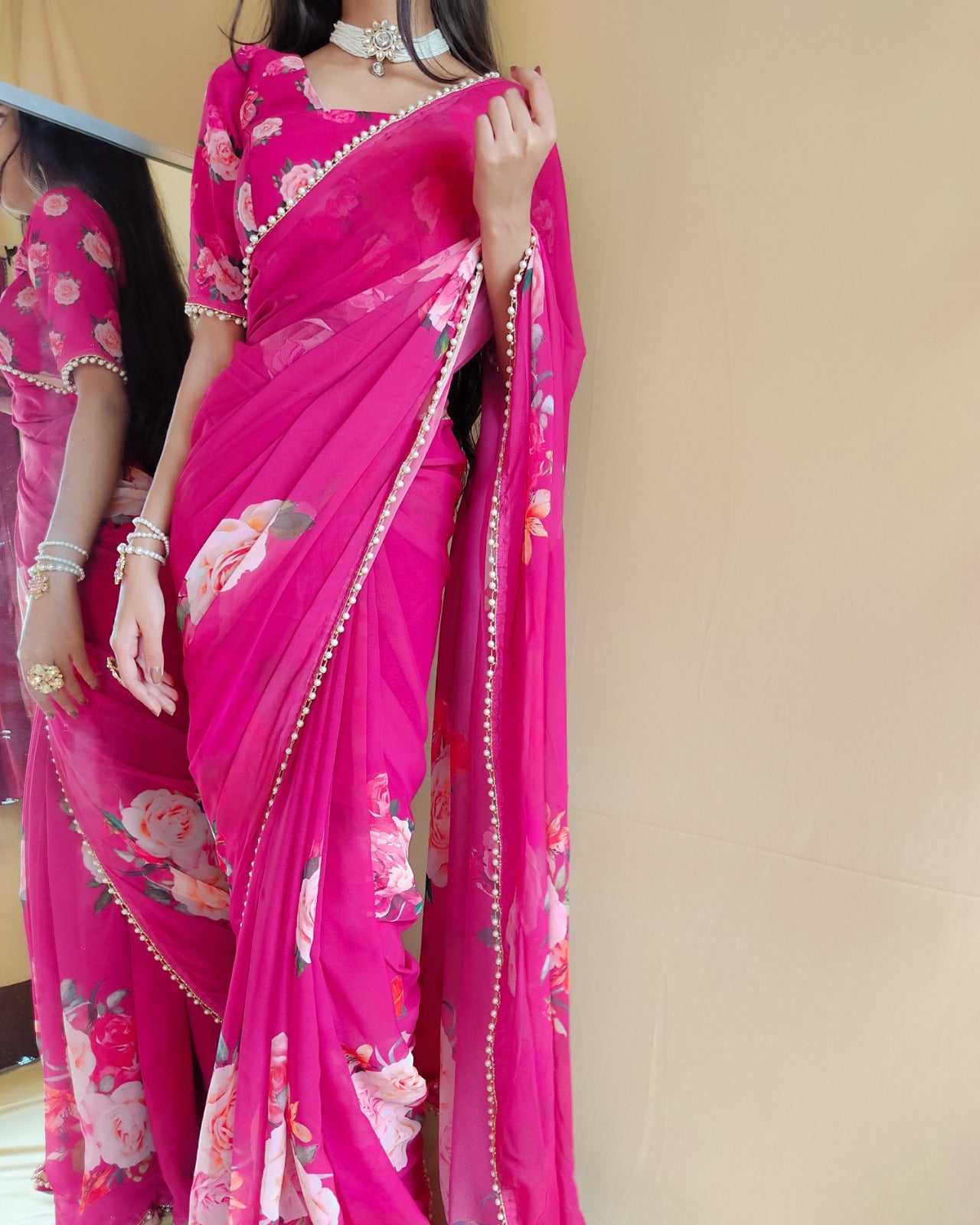 Floral Georgette Saree with Pearl Lace