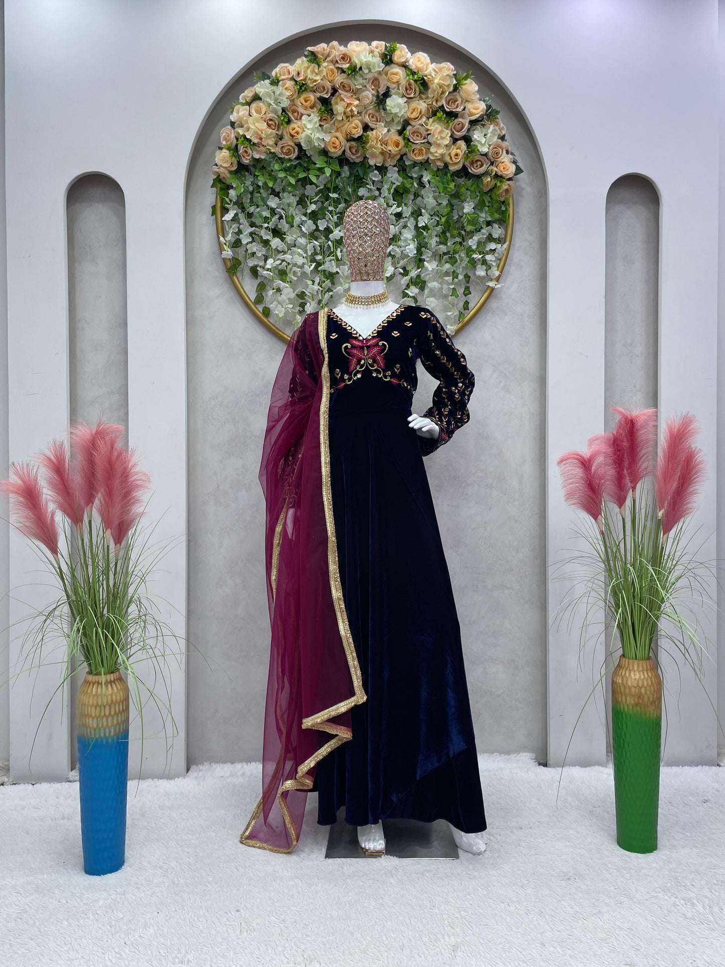 Velvet Gown with embroidered neck design