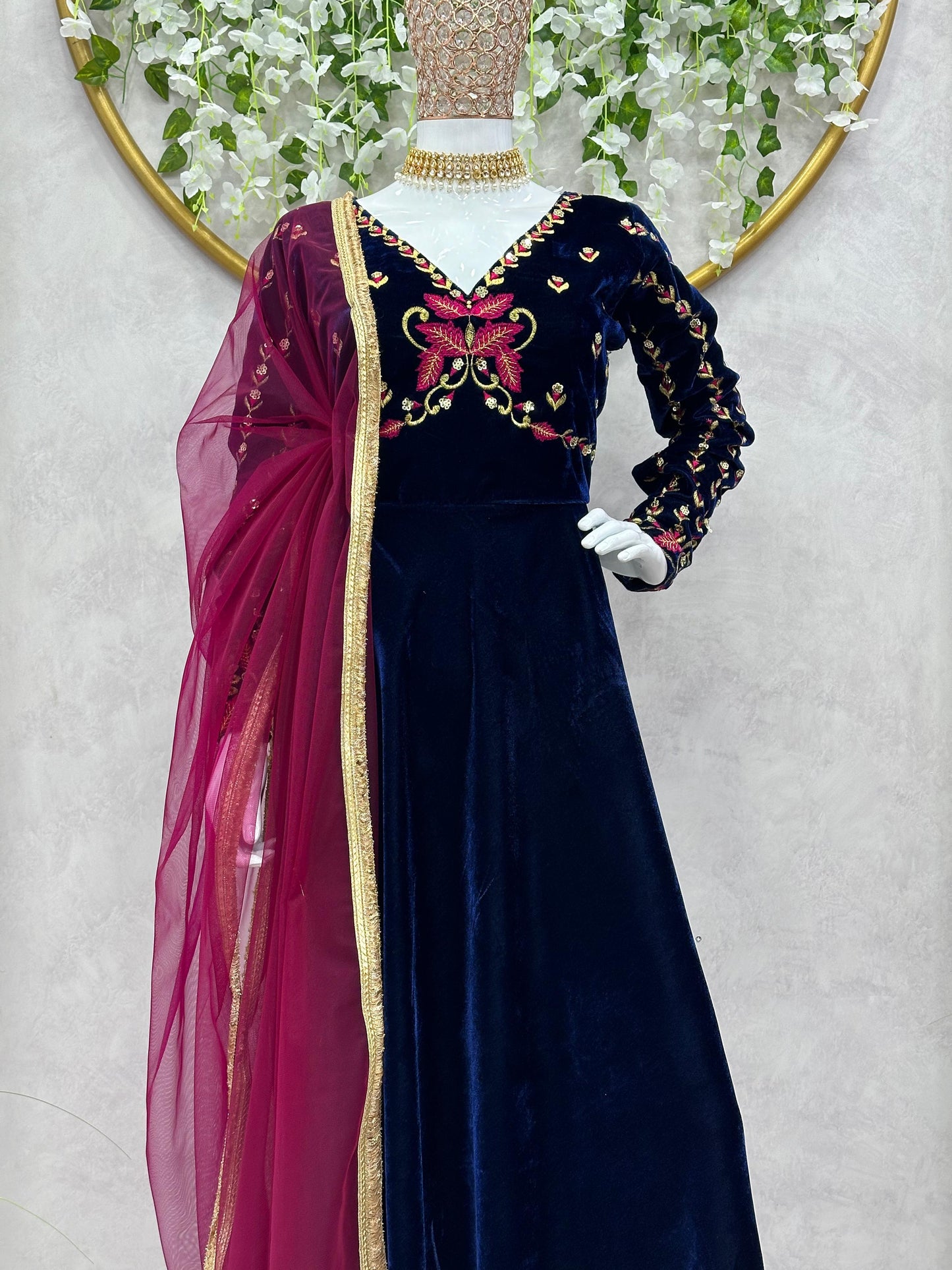 Velvet Gown with embroidered neck design