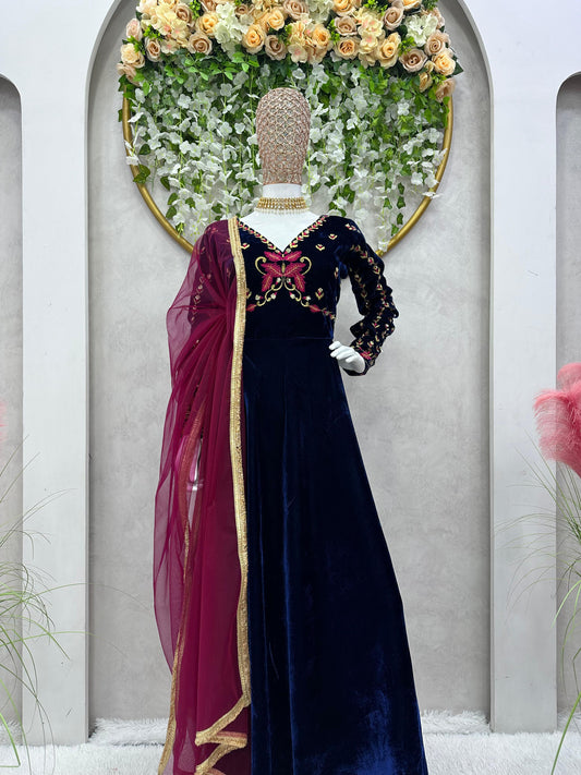 Velvet Gown with embroidered neck design