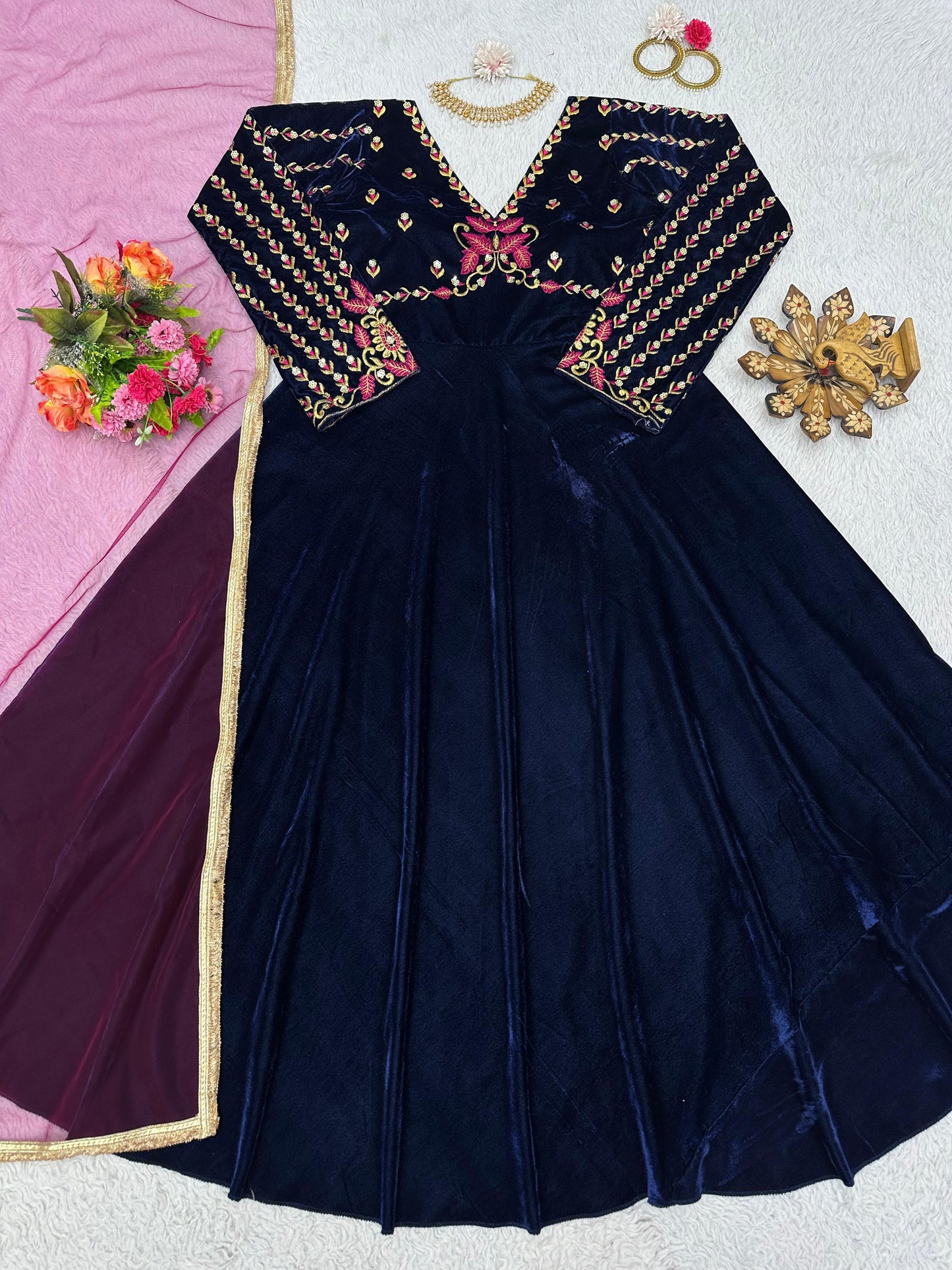 Velvet Gown with embroidered neck design