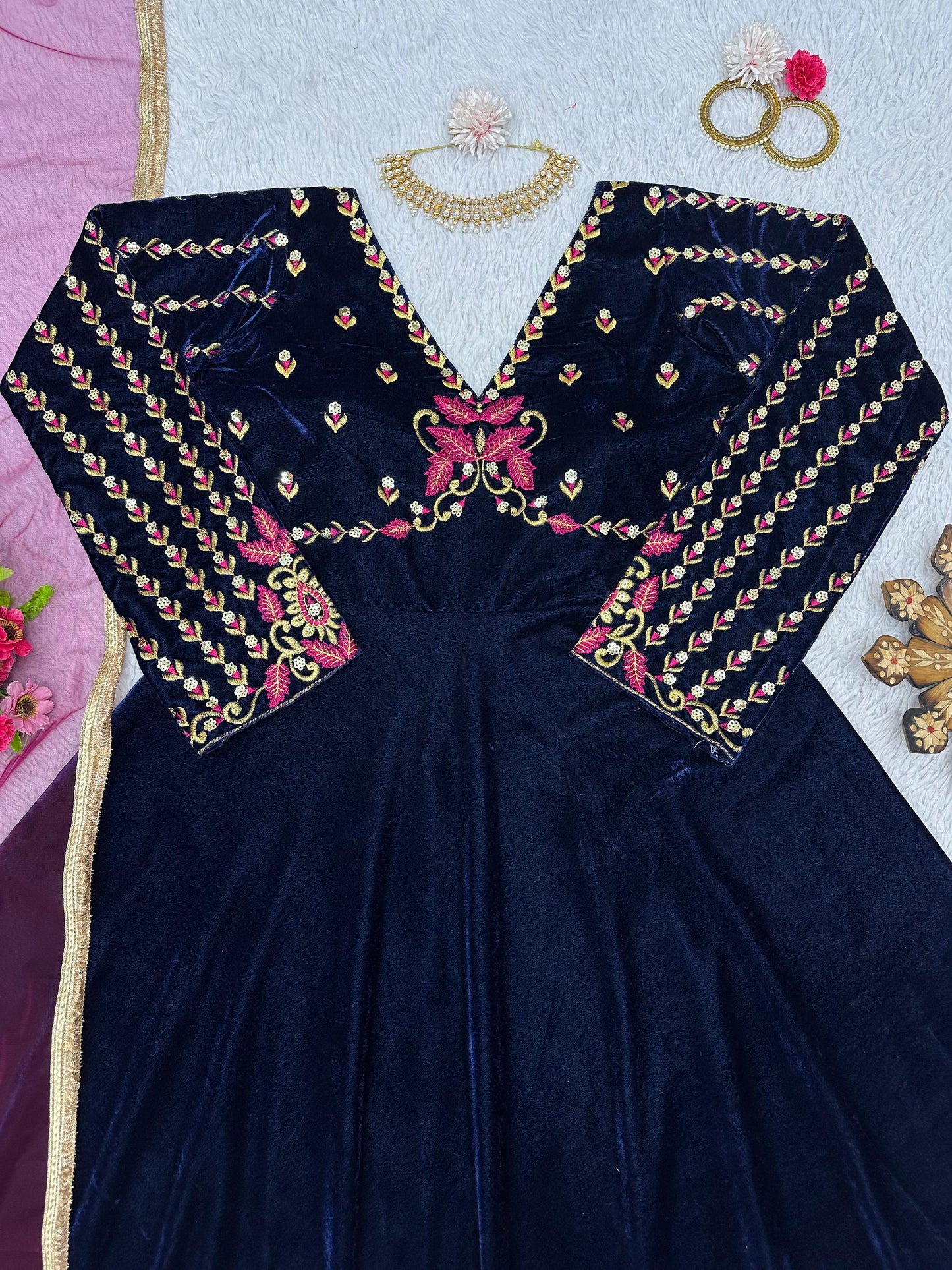 Velvet Gown with embroidered neck design