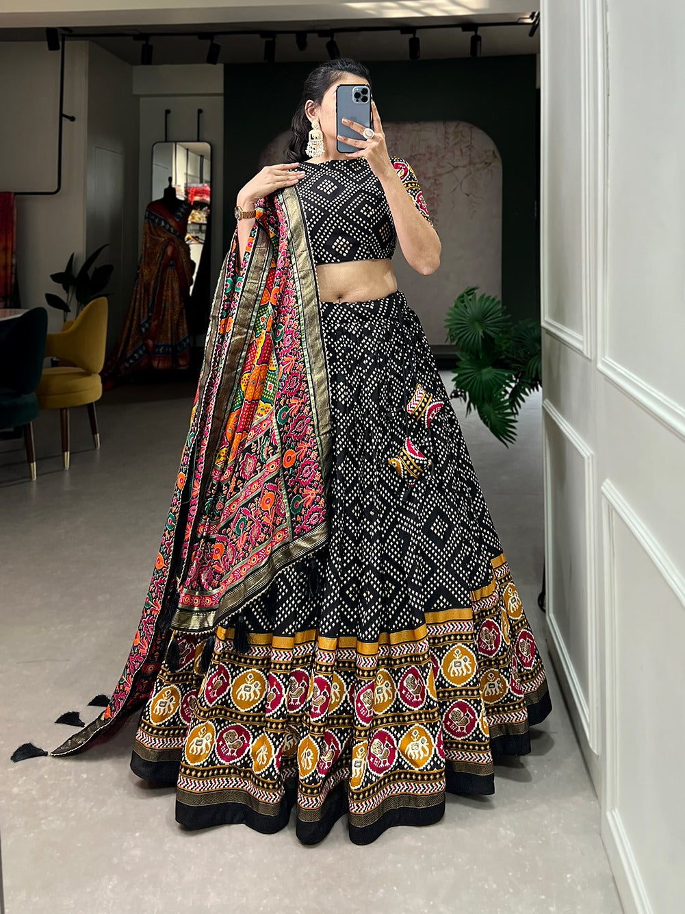 Bandhani Print Tussar Silk Lehenga