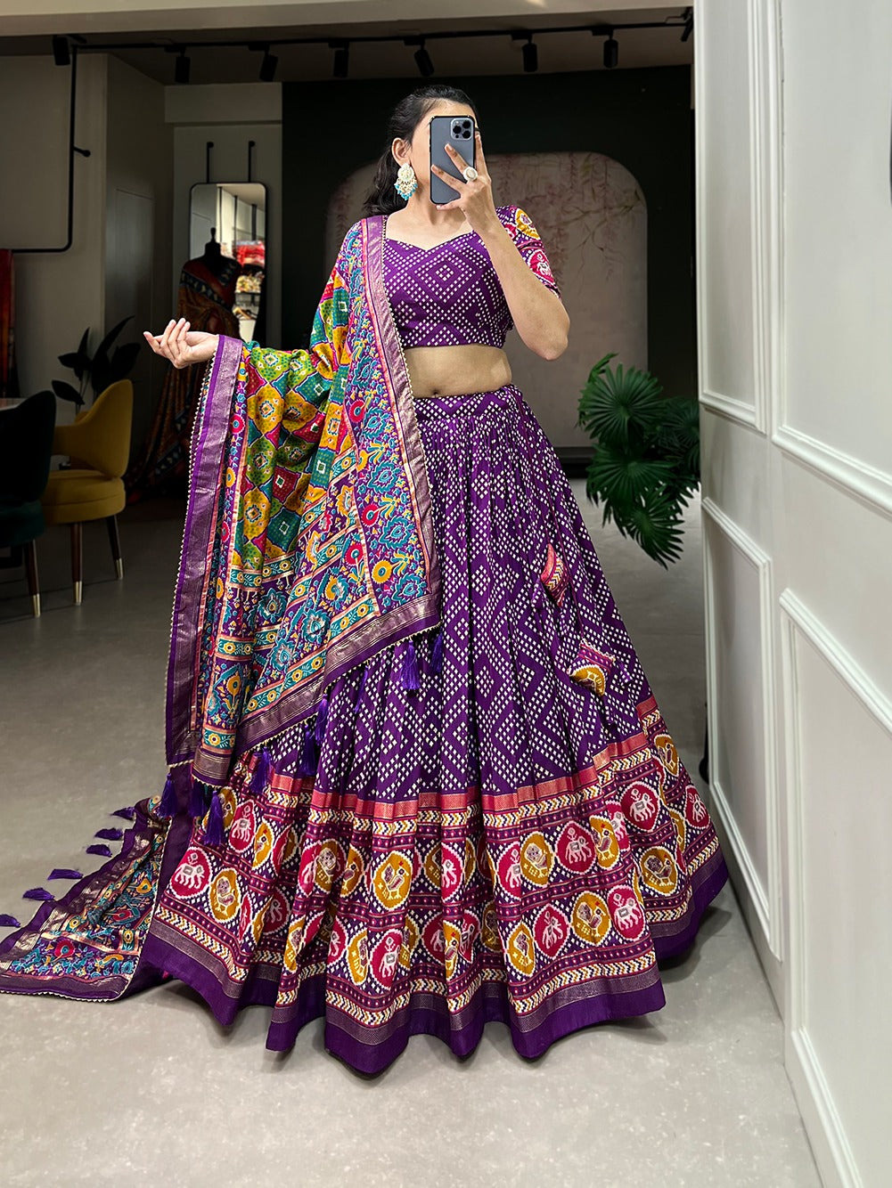 Bandhani Print Tussar Silk Lehenga