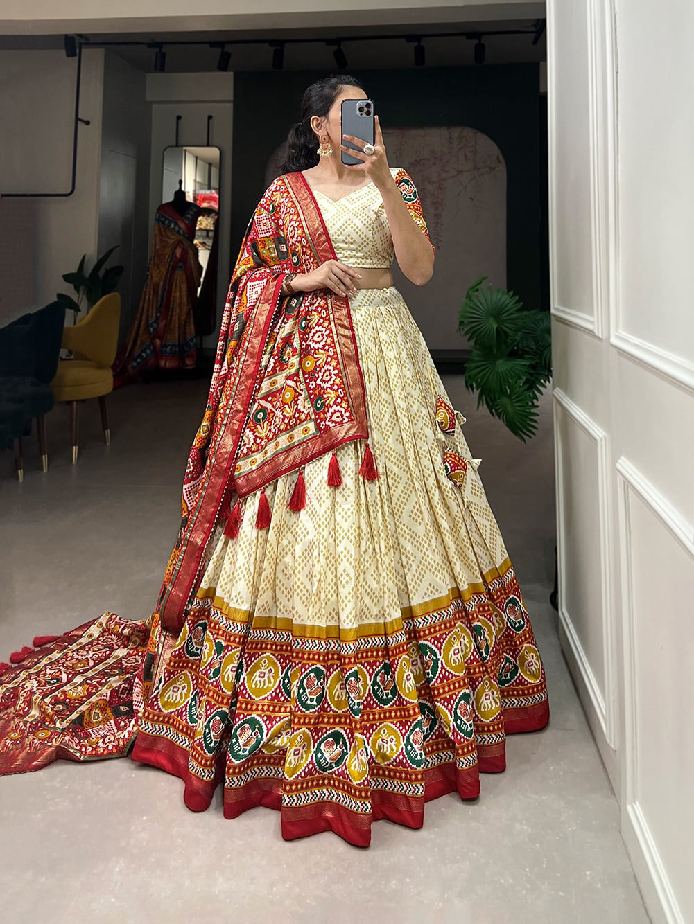 Bandhani Print Tussar Silk Lehenga