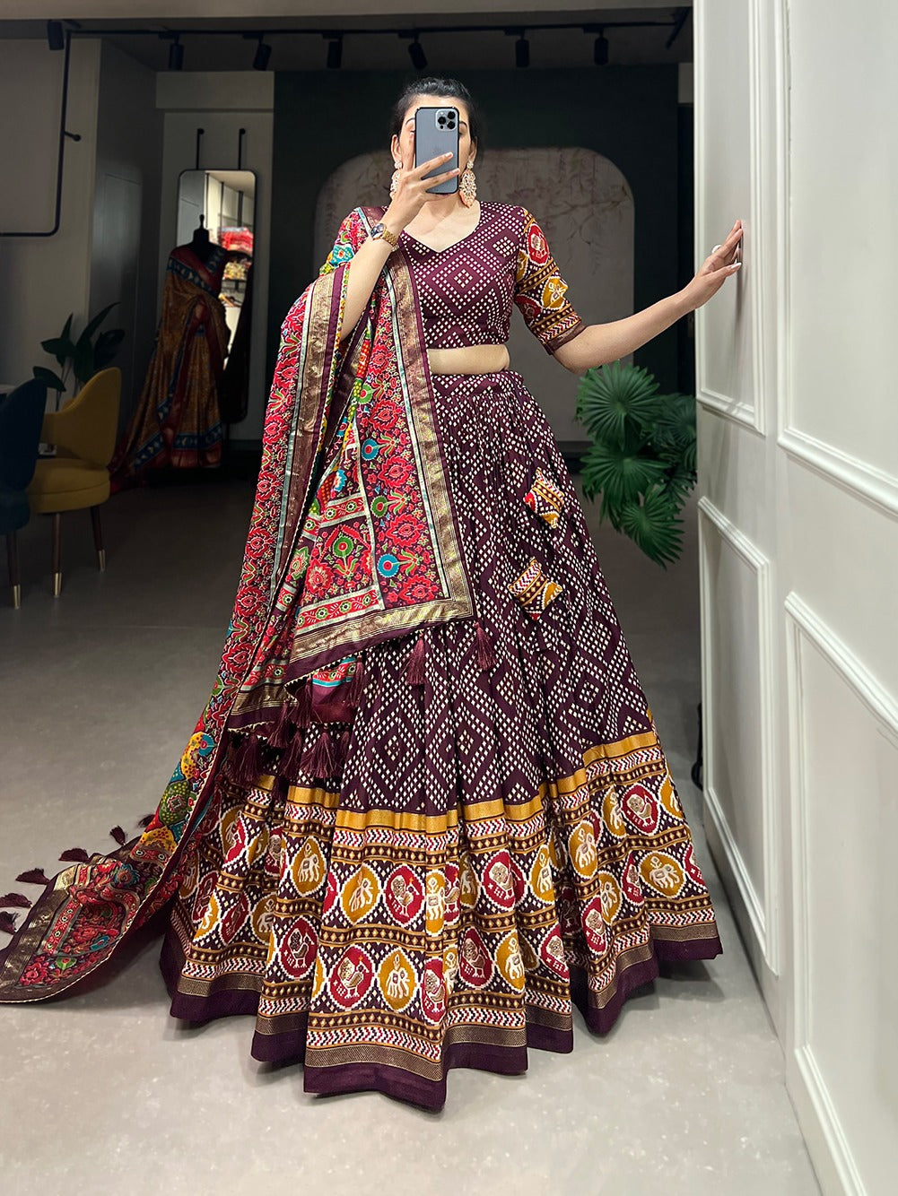 Bandhani Print Tussar Silk Lehenga