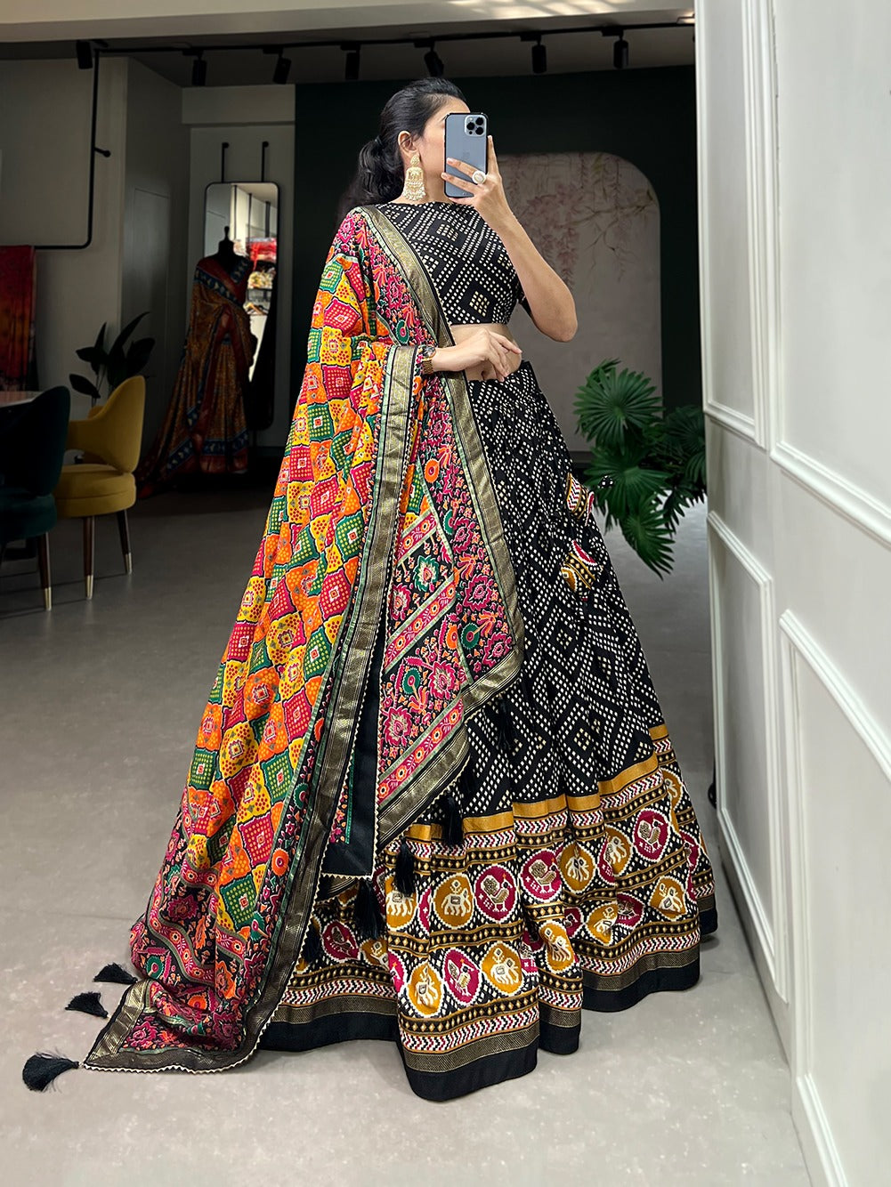 Bandhani Print Tussar Silk Lehenga