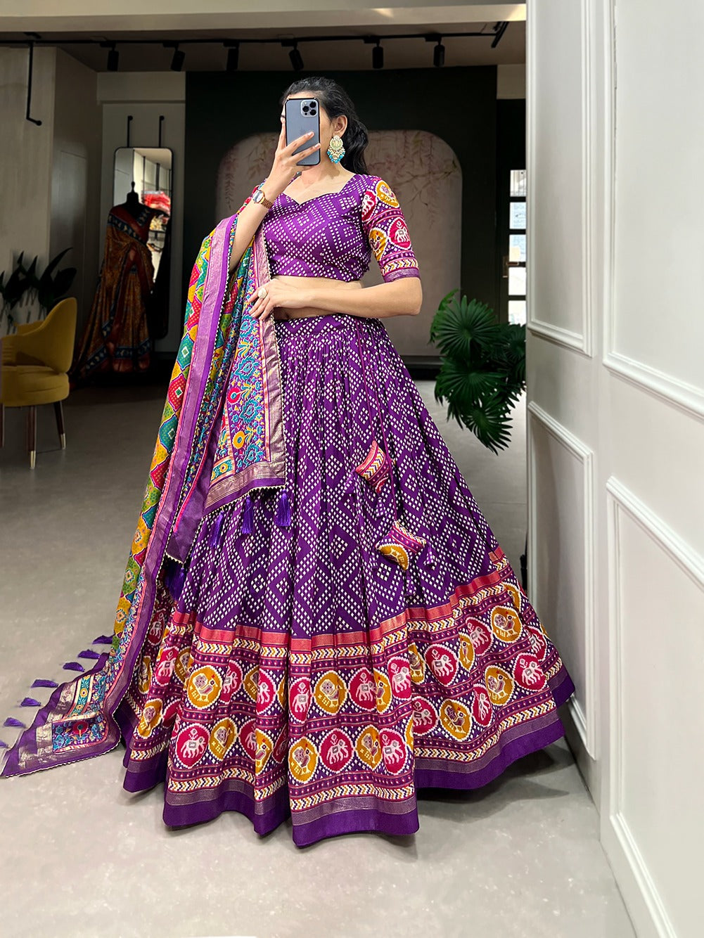 Bandhani Print Tussar Silk Lehenga