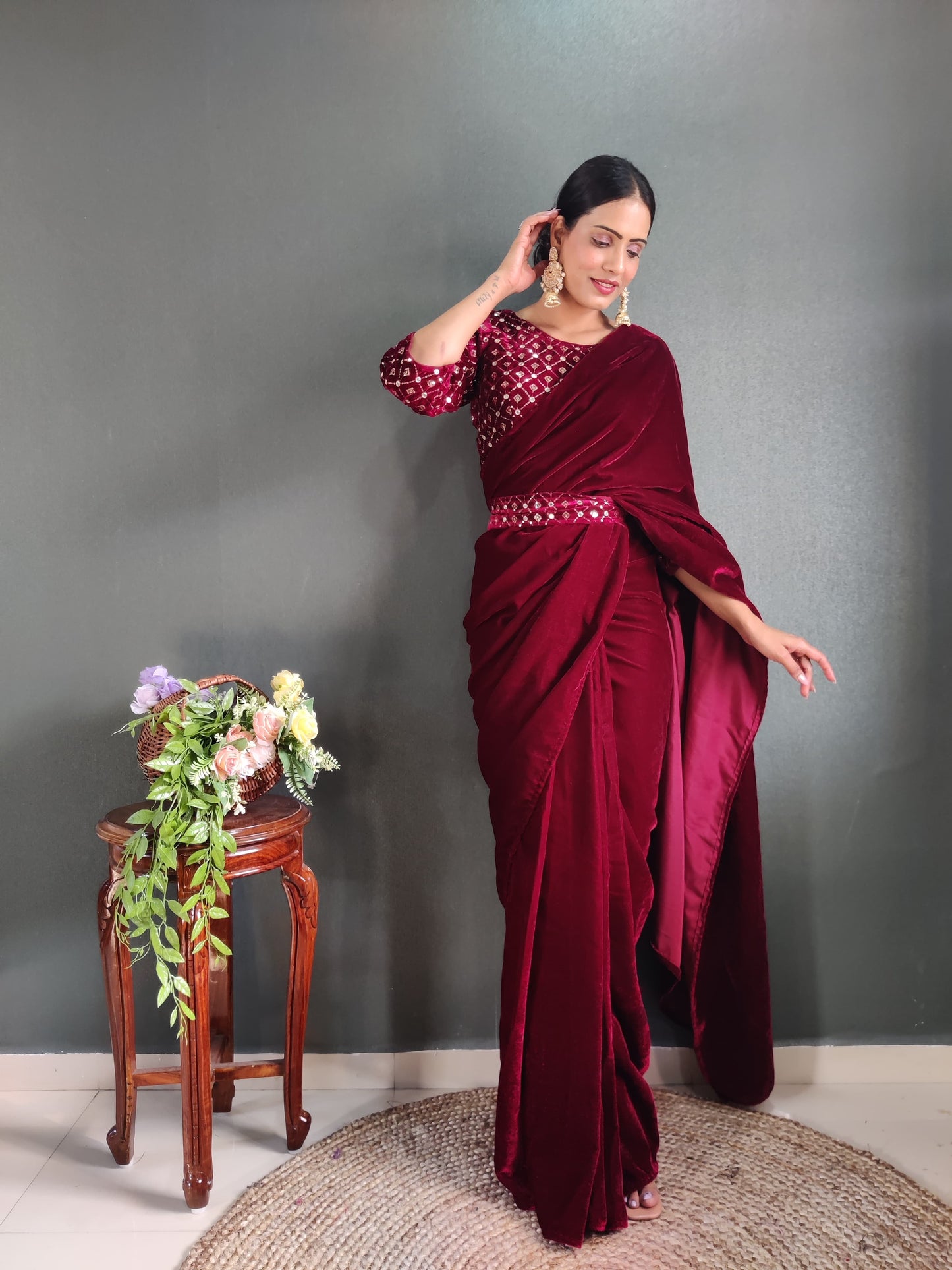 Ready to wear velvet saree with stitched blouse and belt