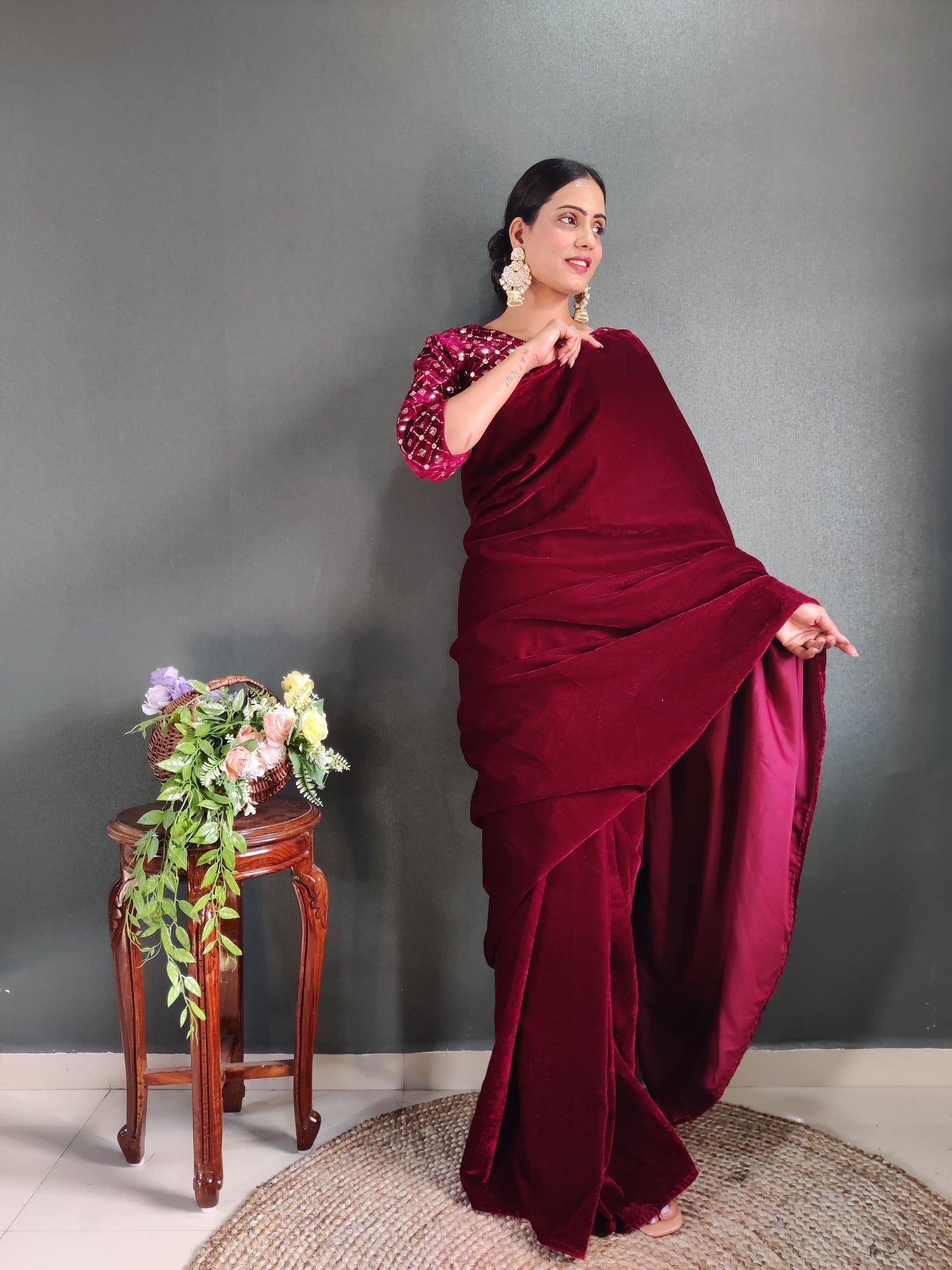 Ready to wear velvet saree with stitched blouse and belt