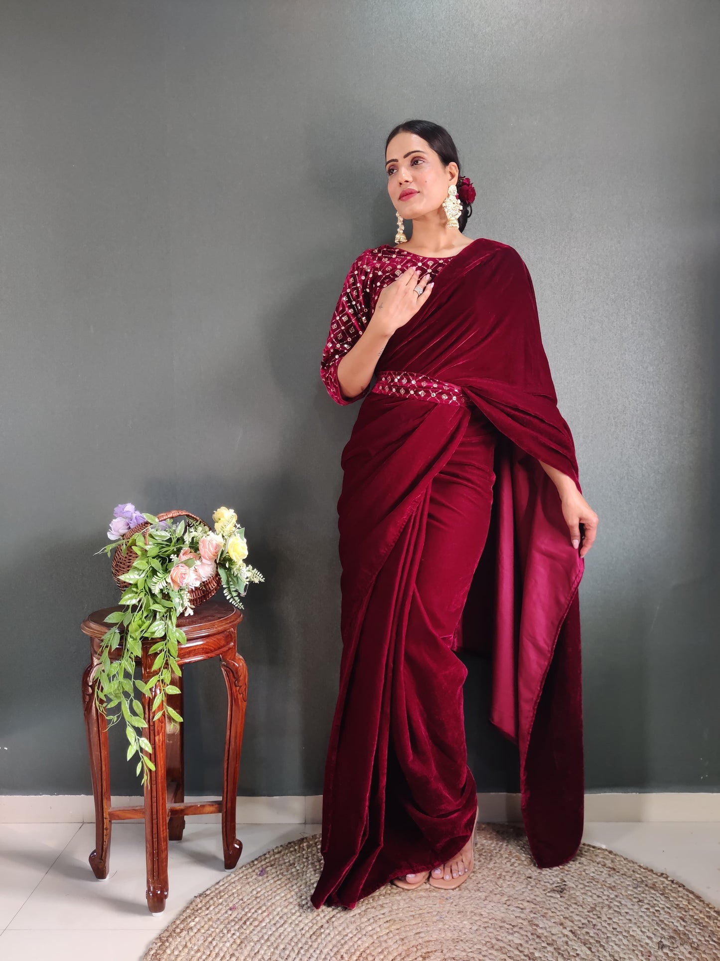 Ready to wear velvet saree with stitched blouse and belt