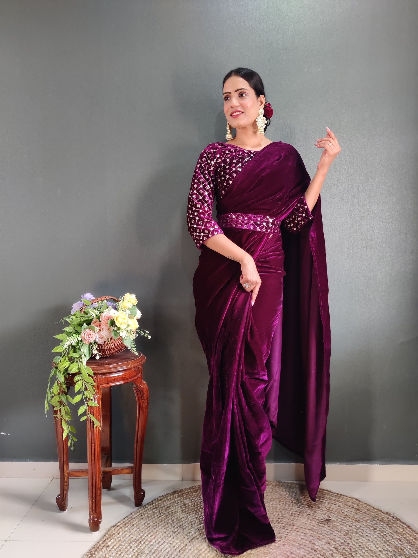 Ready to wear velvet saree with stitched blouse and belt