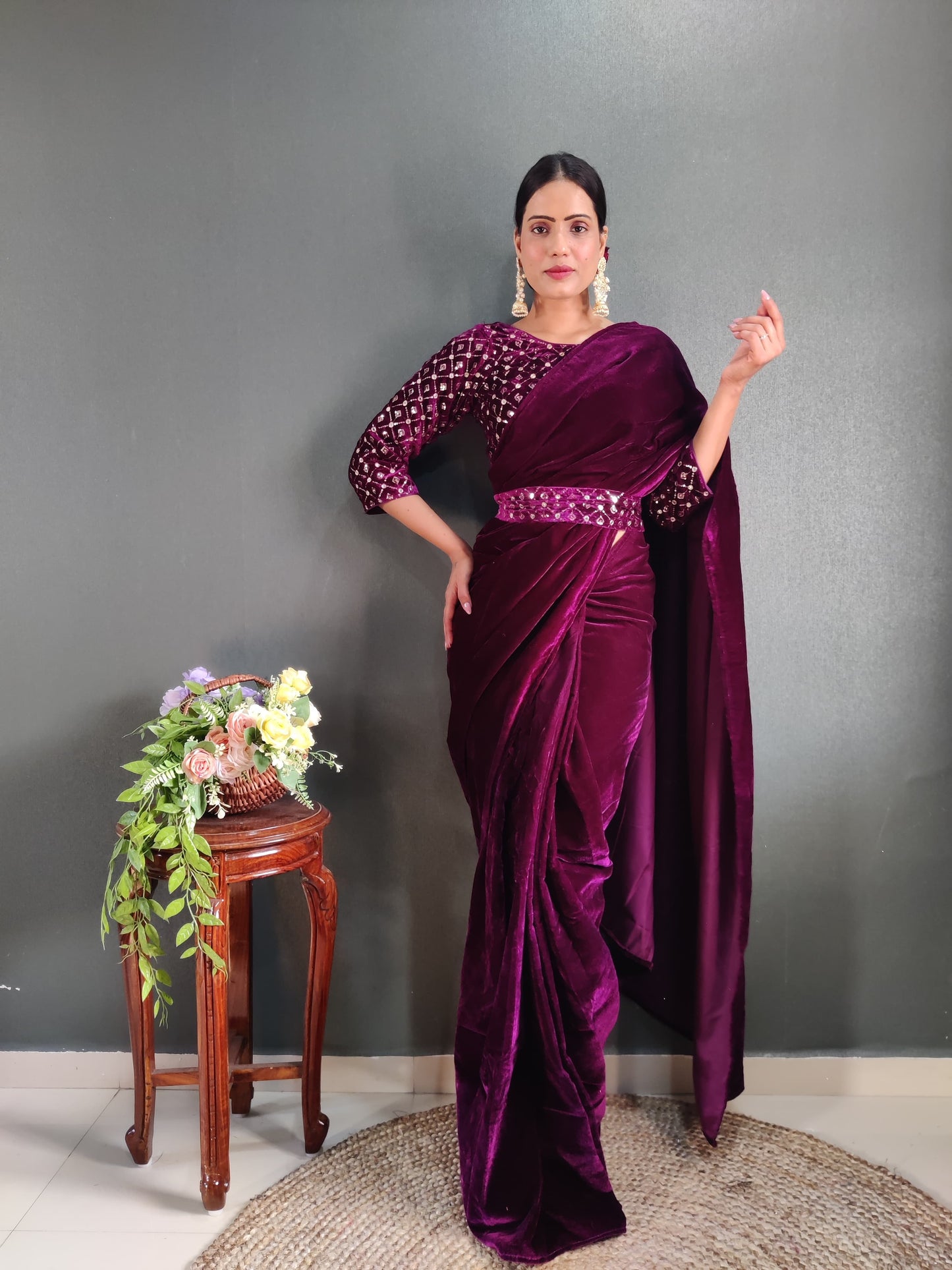 Ready to wear velvet saree with stitched blouse and belt