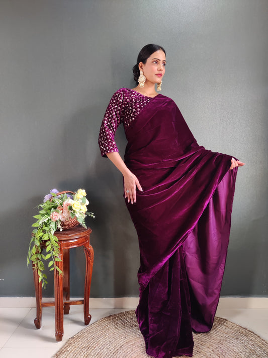 Ready to wear velvet saree with stitched blouse and belt