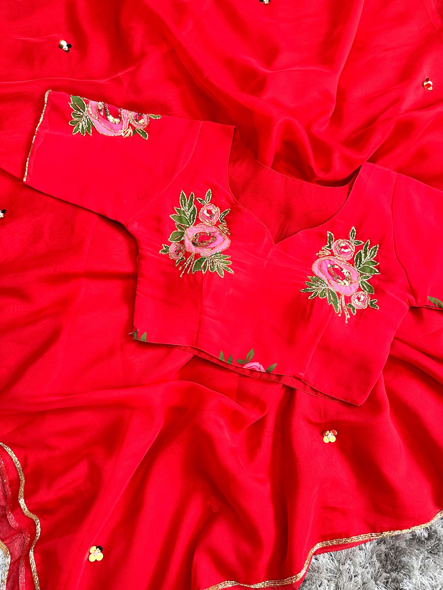 Organza Saree with handwork rose blouse