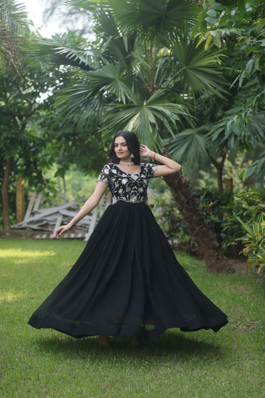 Gown with floral work on top