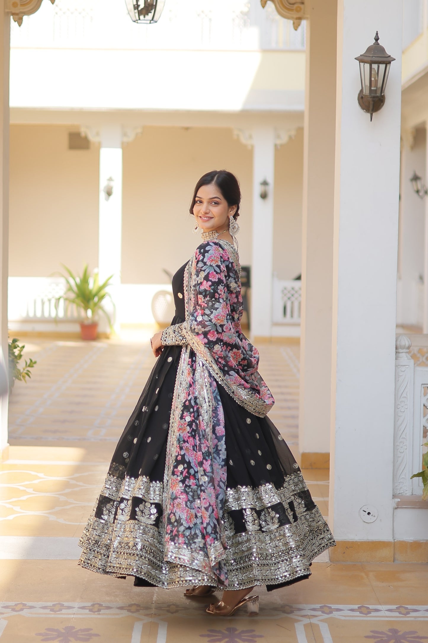 Premium Designer gown with floral dupatta