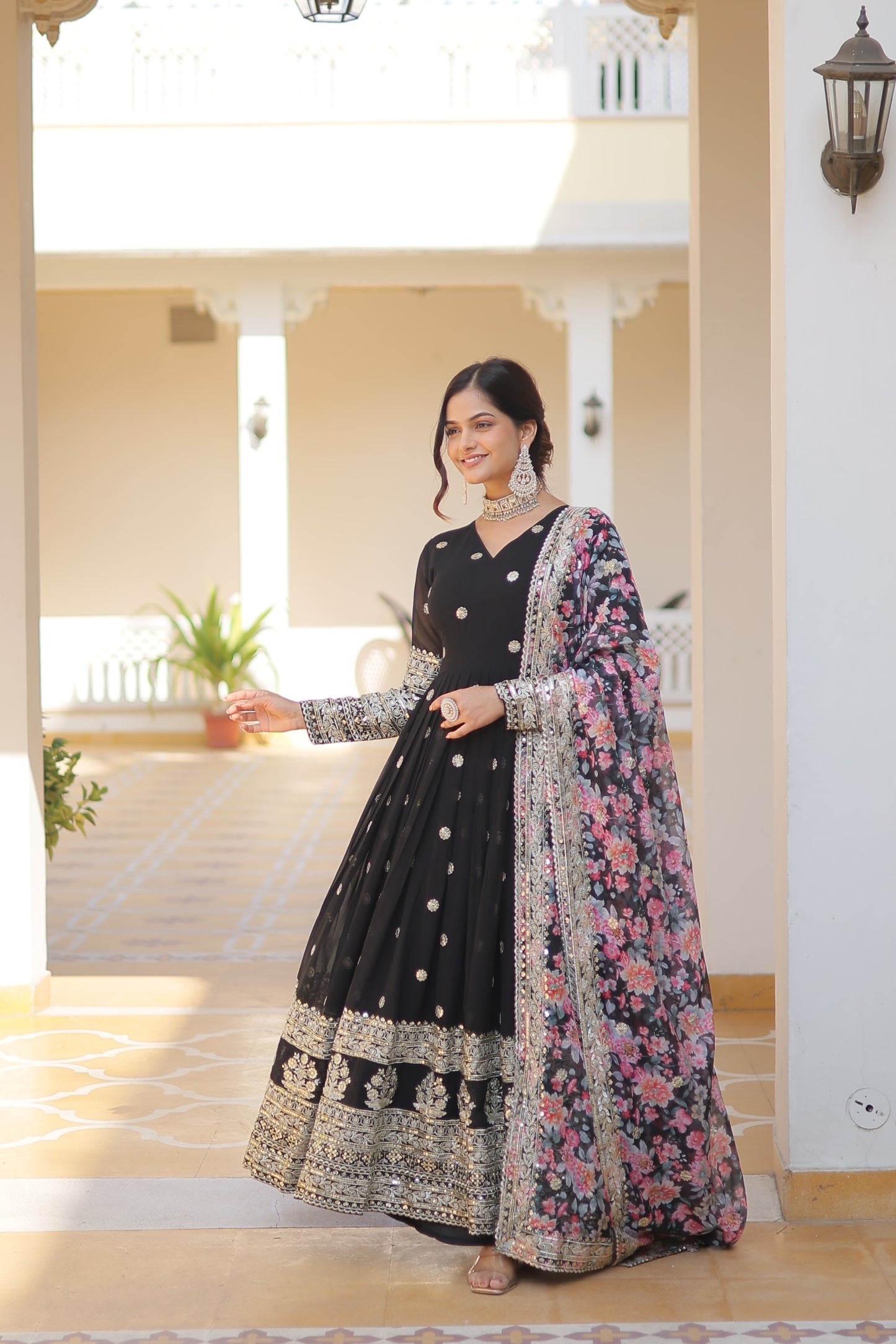 Premium Designer gown with floral dupatta