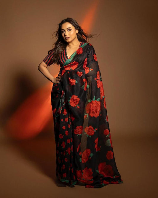 Rani Mukherjee inspired red-black floral saree