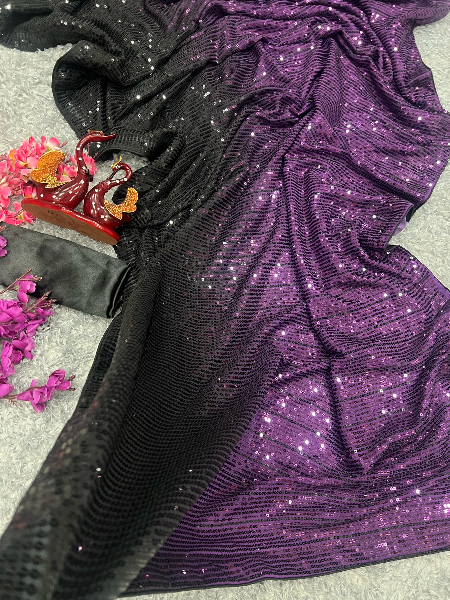 Madhuri Dixit Inspired Black And Purple Sequins Saree