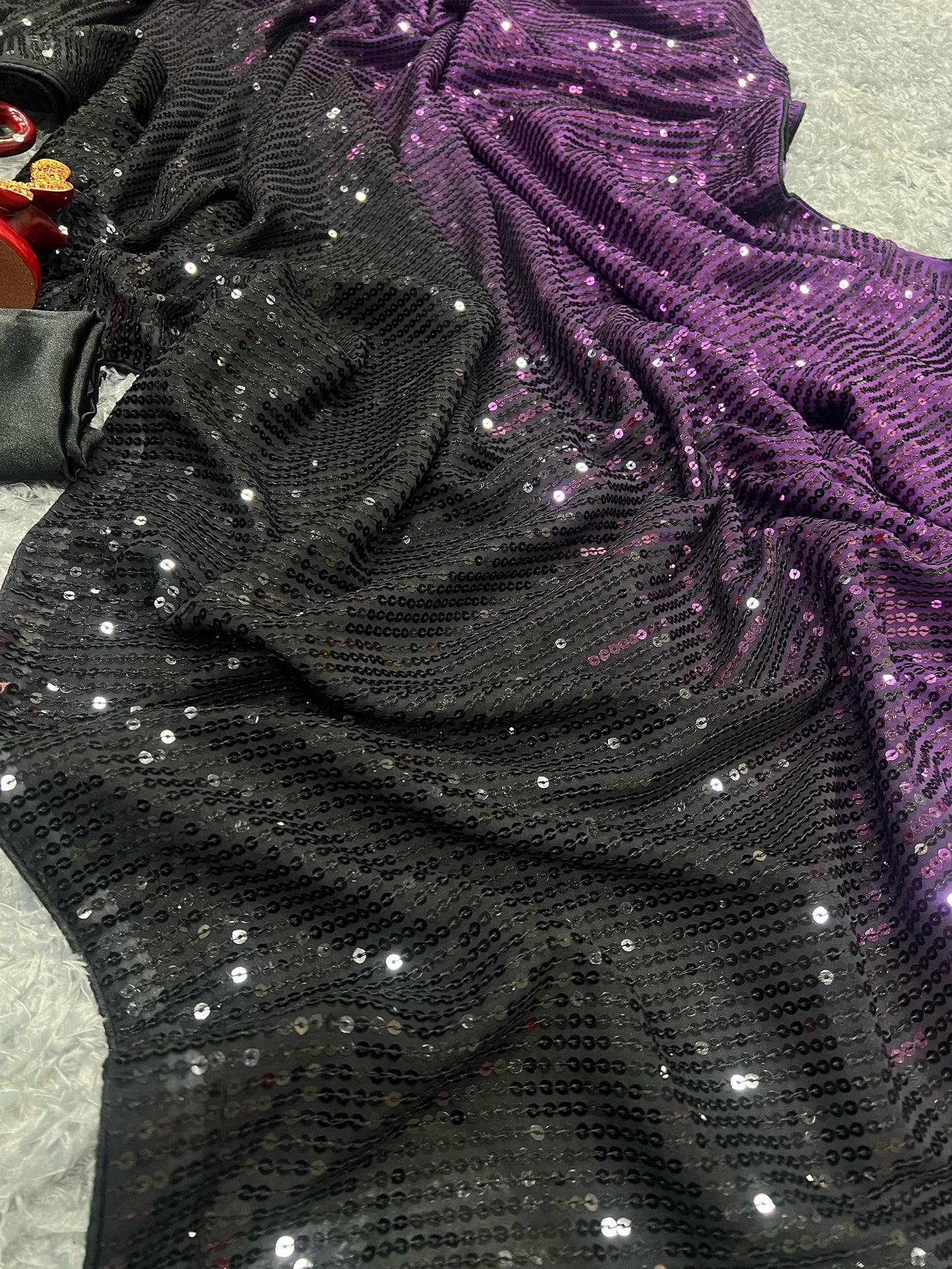 Madhuri Dixit Inspired Black And Purple Sequins Saree