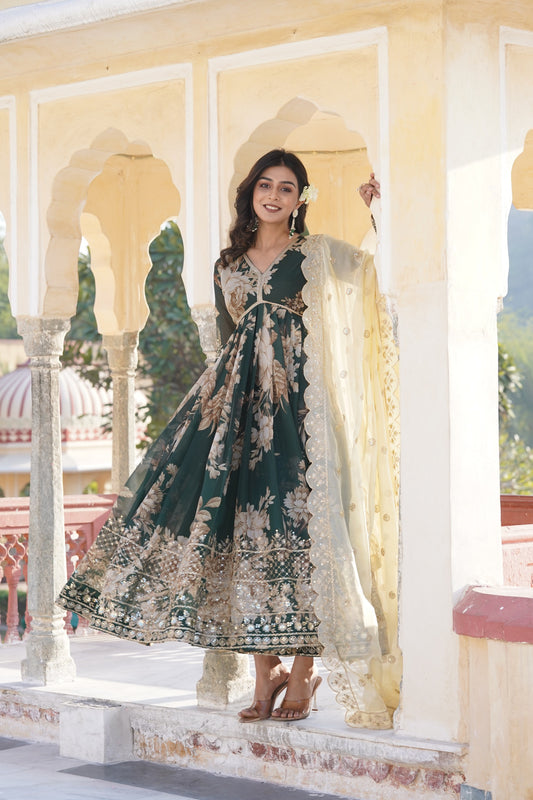 Alia Cut Green Floral Anarkali Gown