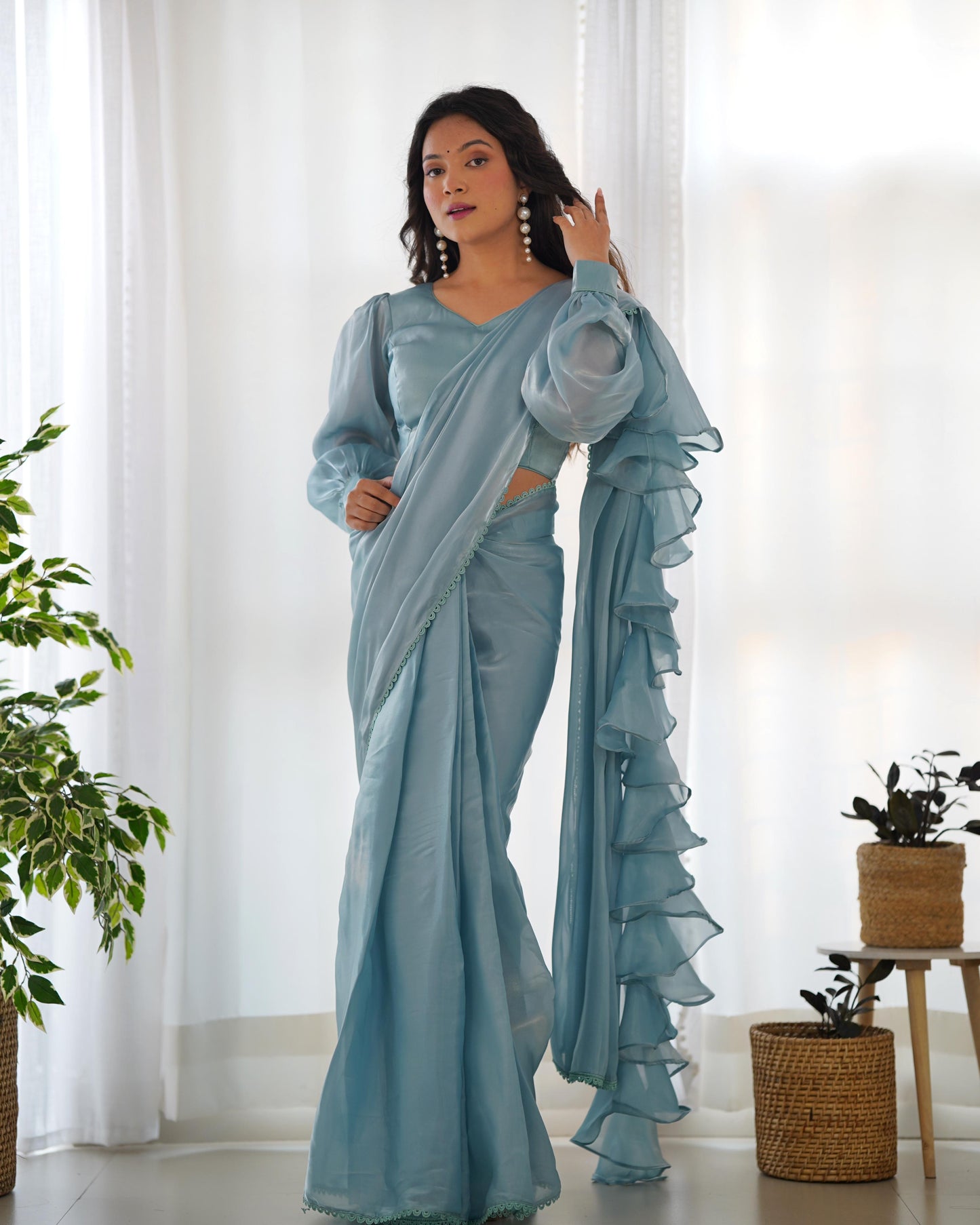 Ready to wear Ruffle Saree with Stitched blouse