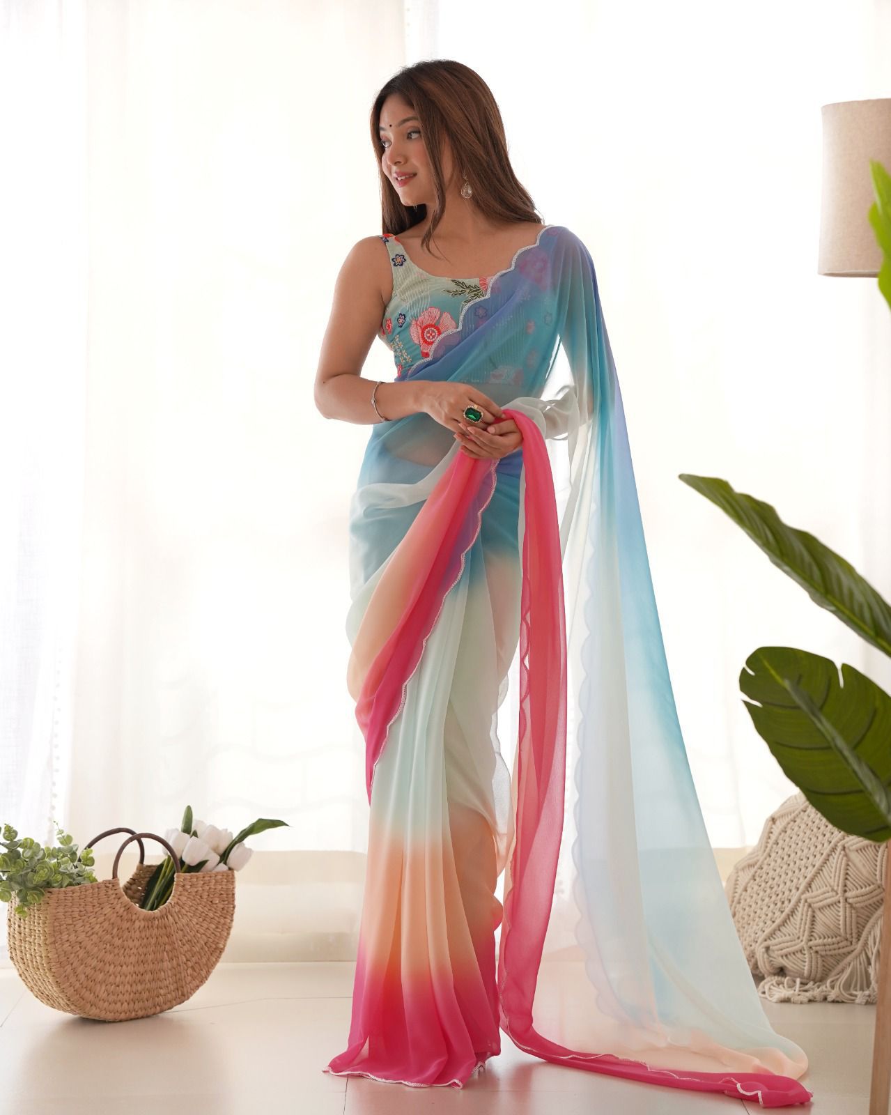 Ombre shade sarees with sequins work blouse