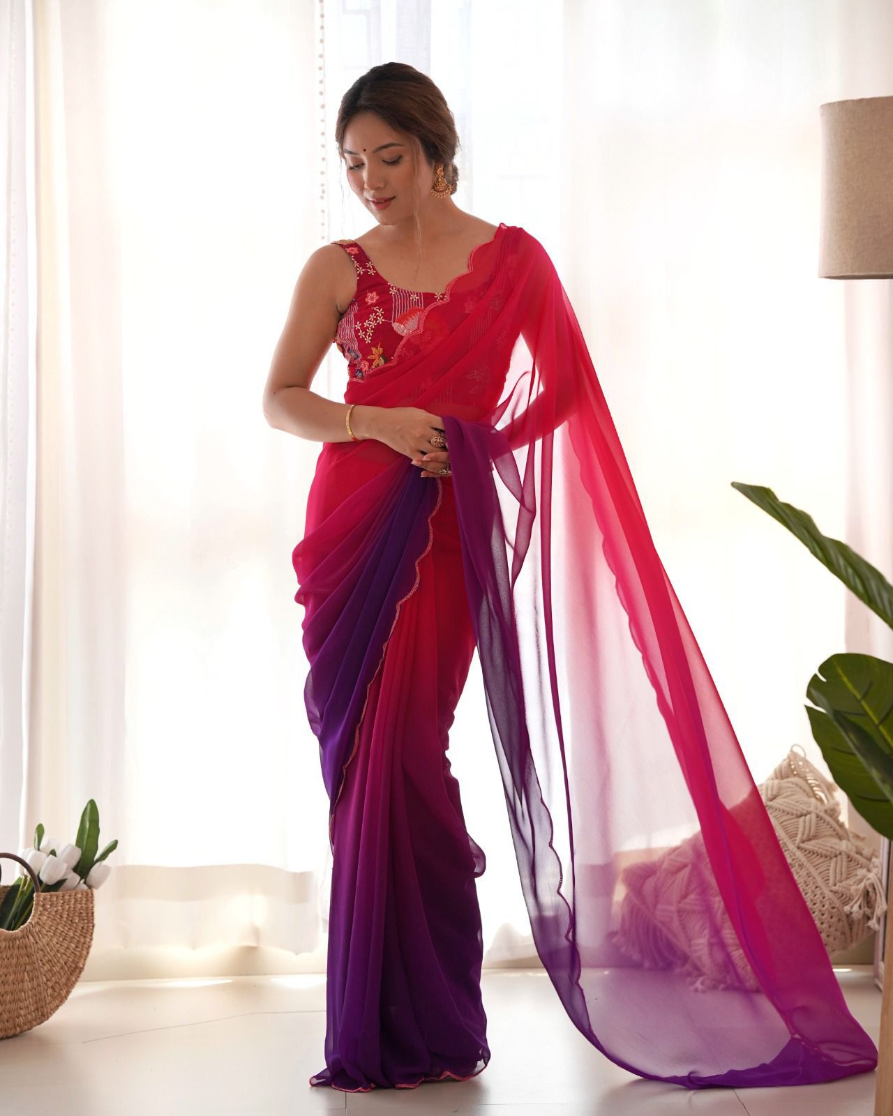 Ombre shade sarees with sequins work blouse