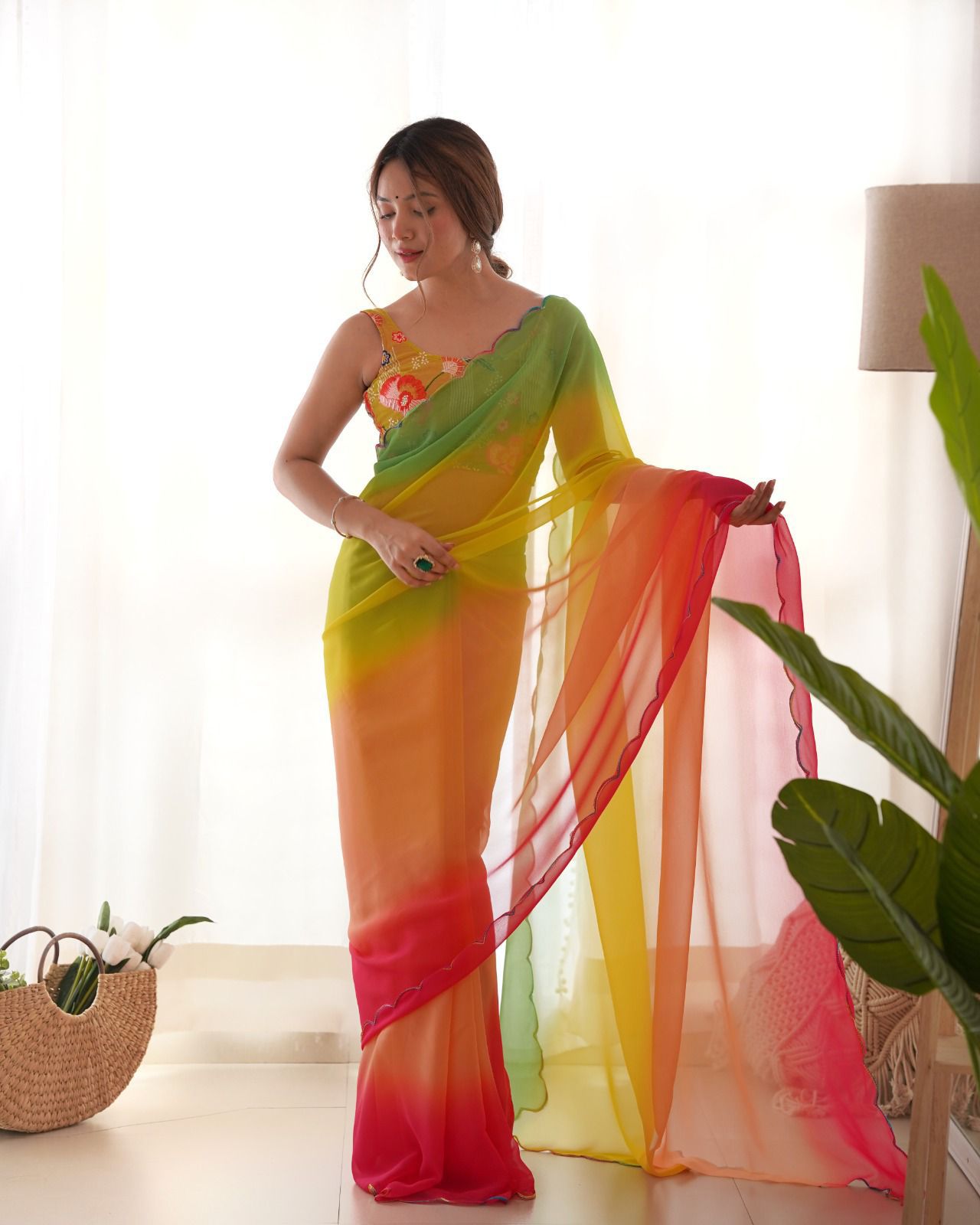 Ombre shade sarees with sequins work blouse