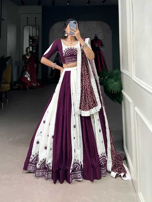 White and Wine mirror work lehenga choli