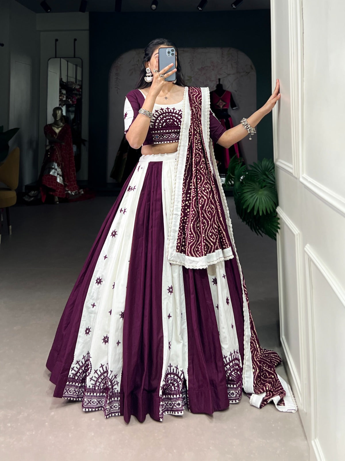 White and Wine mirror work lehenga choli