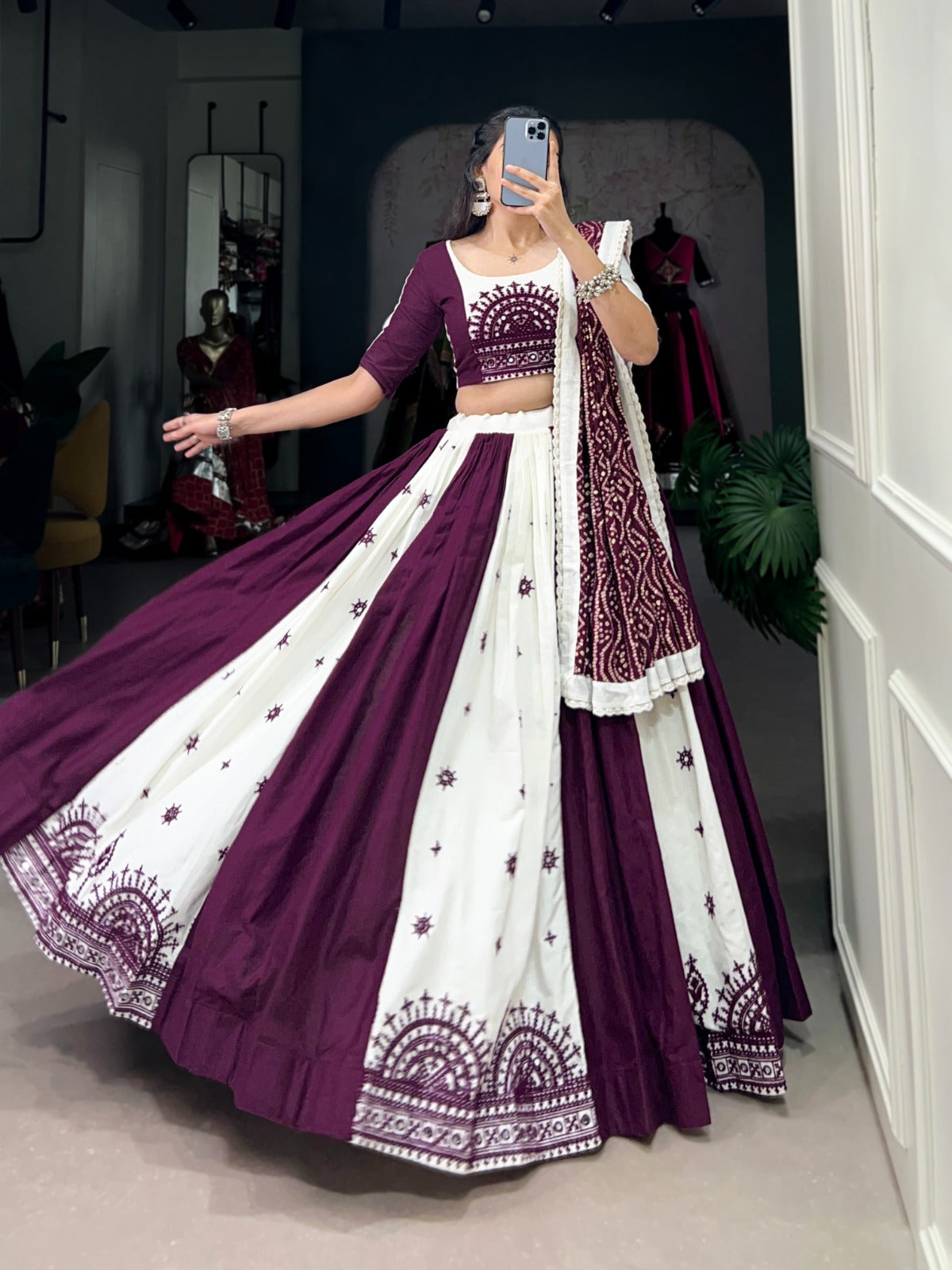 White and Wine mirror work lehenga choli