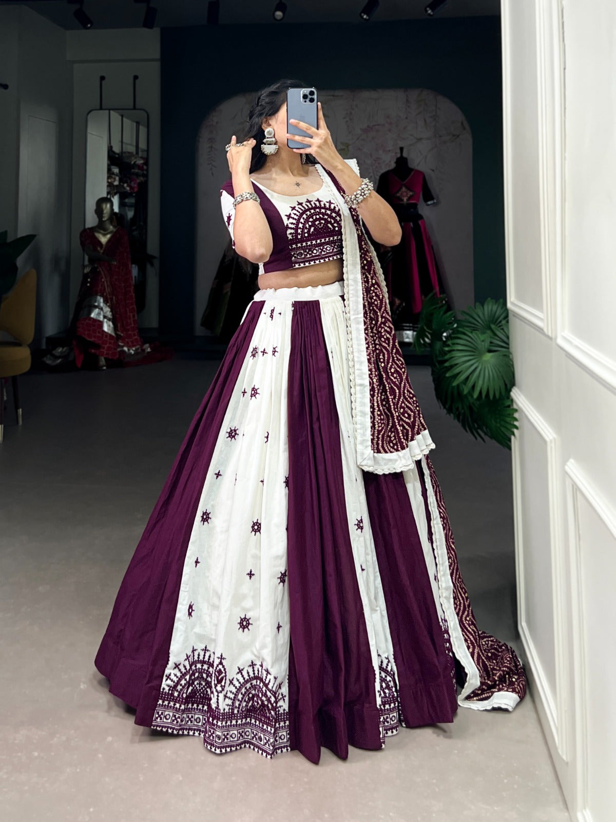 White and Wine mirror work lehenga choli