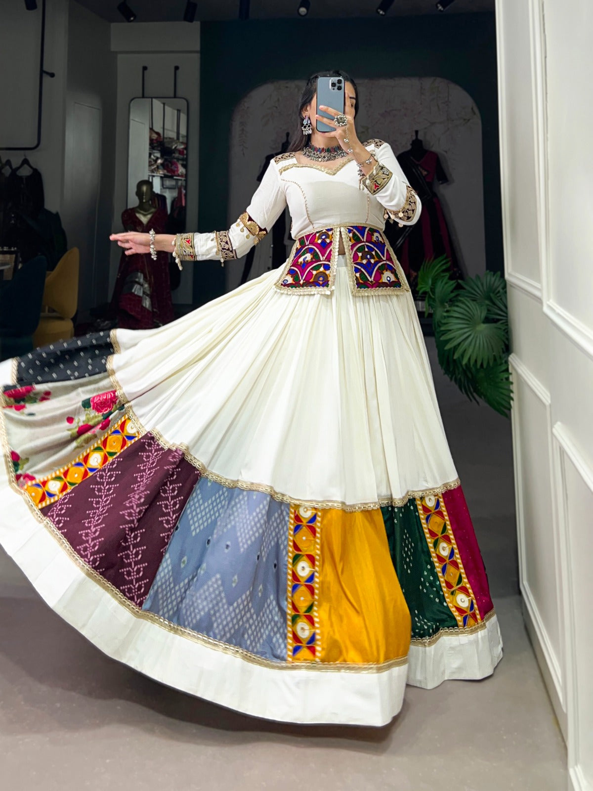 White Garba Choli with Multi-color border