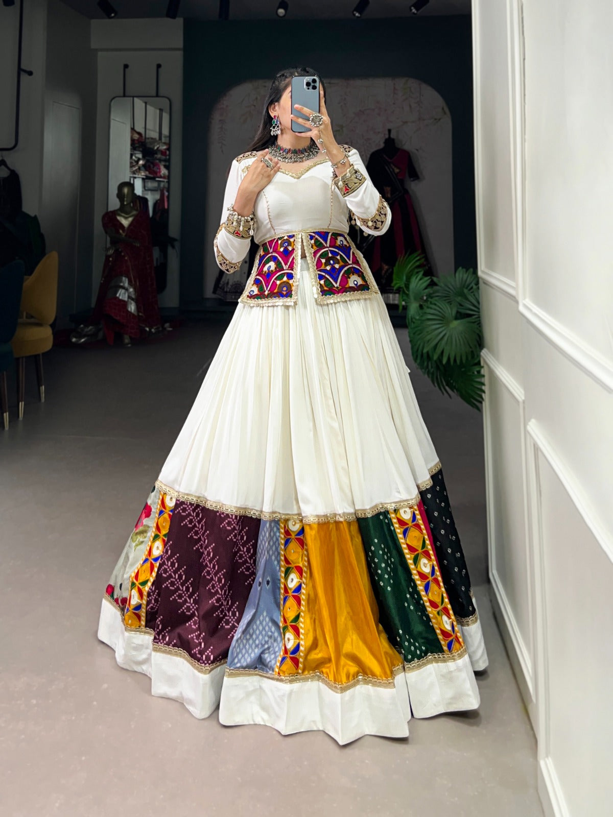 White Garba Choli with Multi-color border