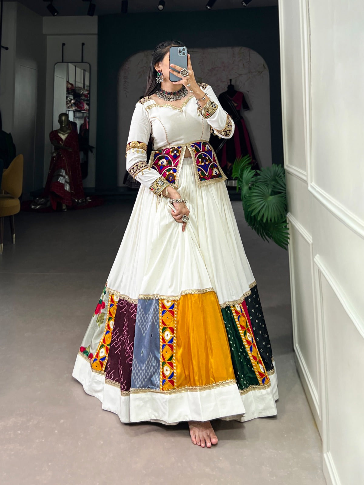 White Garba Choli with Multi-color border