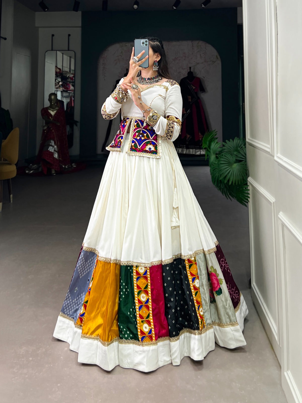 White Garba Choli with Multi-color border