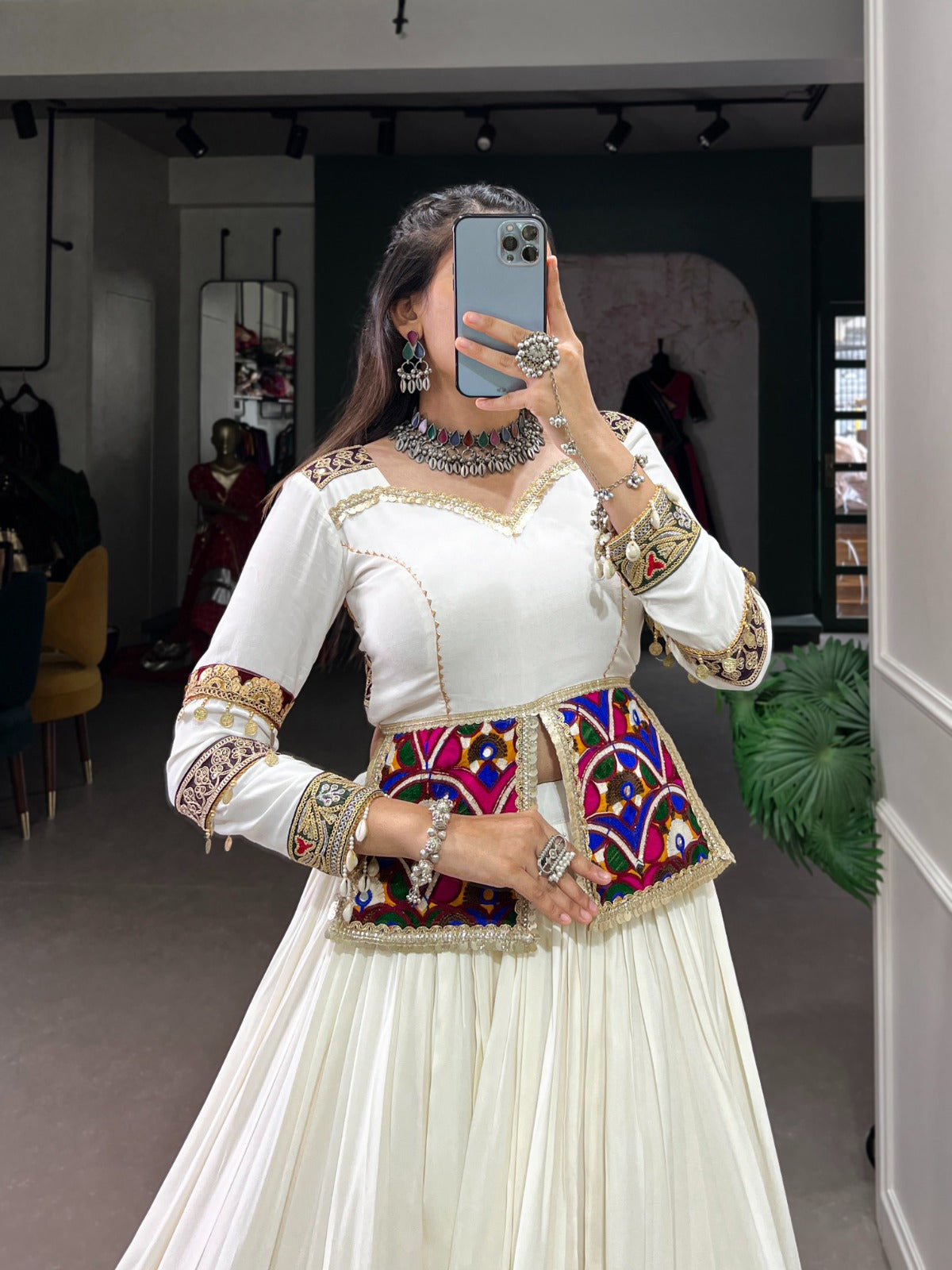 White Garba Choli with Multi-color border