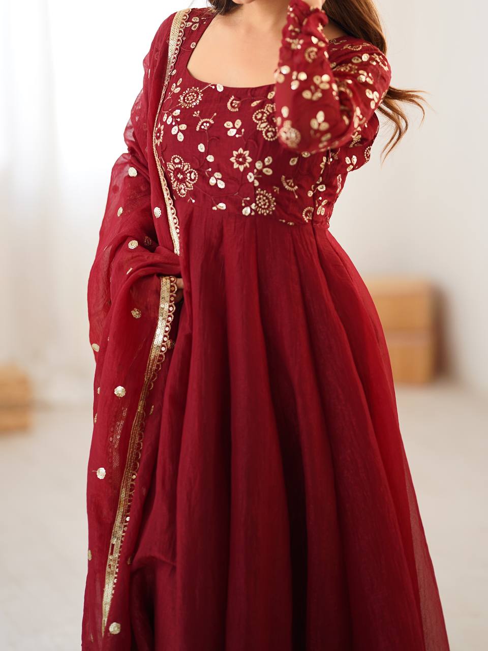 Crunchy Silk Maroon Anarkali with beautiful Dupatta