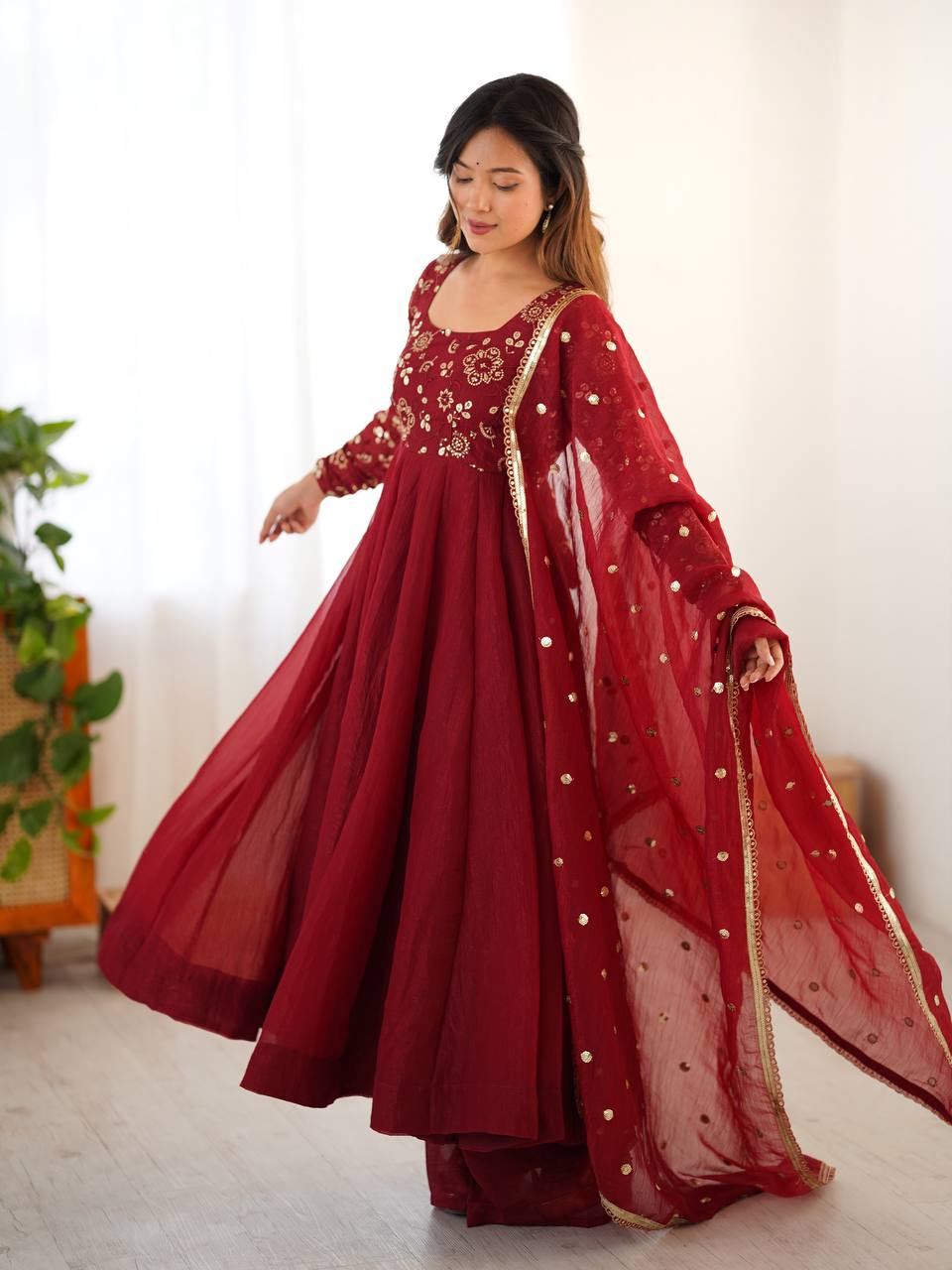 Crunchy Silk Maroon Anarkali with beautiful Dupatta