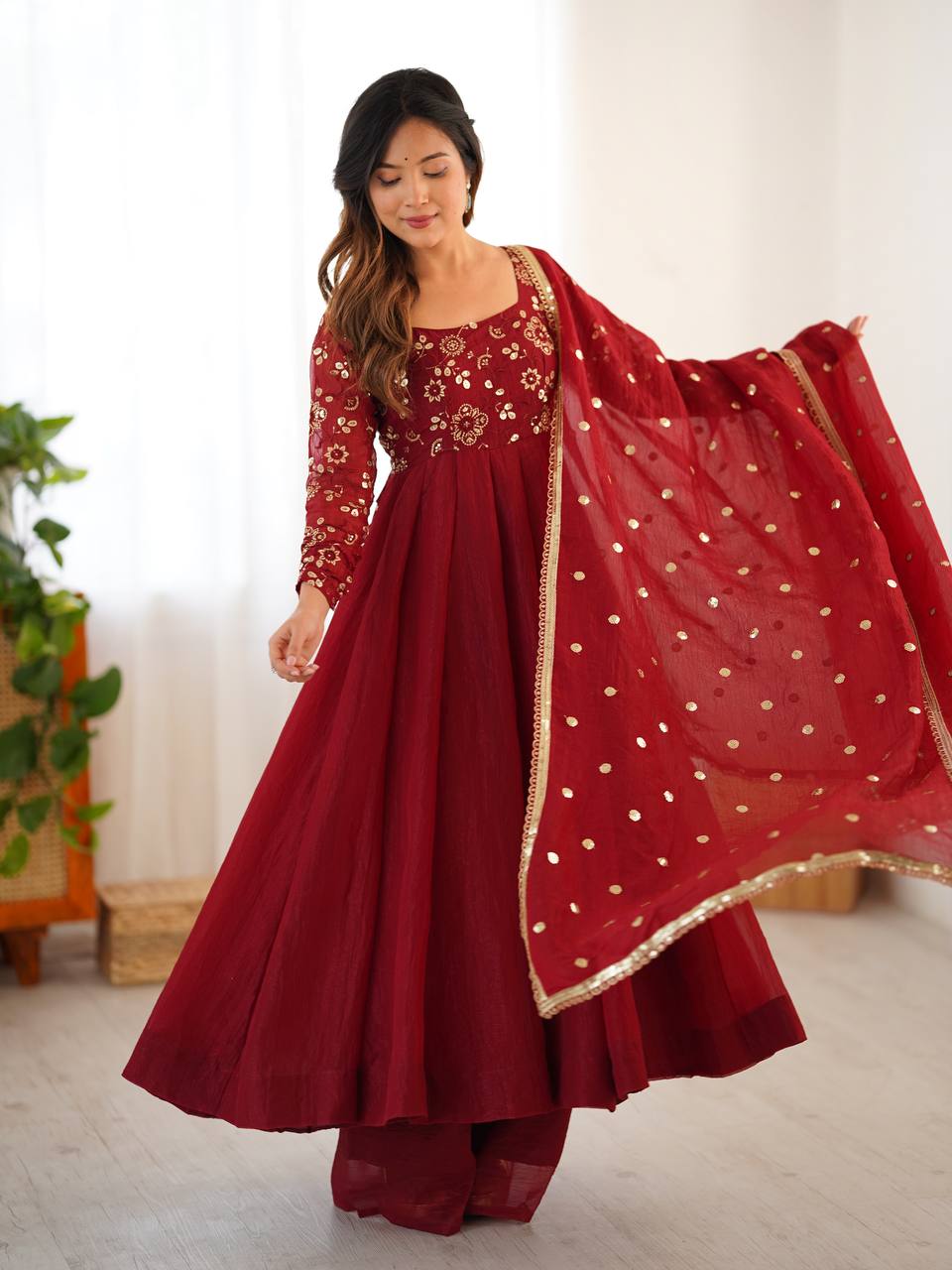 Crunchy Silk Maroon Anarkali with beautiful Dupatta