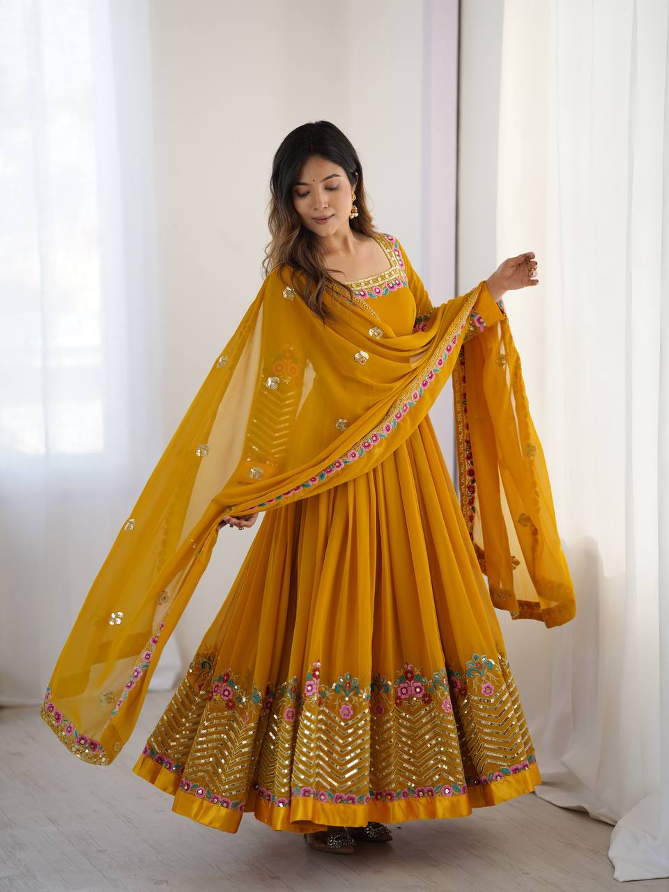 Georgette Anarkali with Multi thread embroidery work