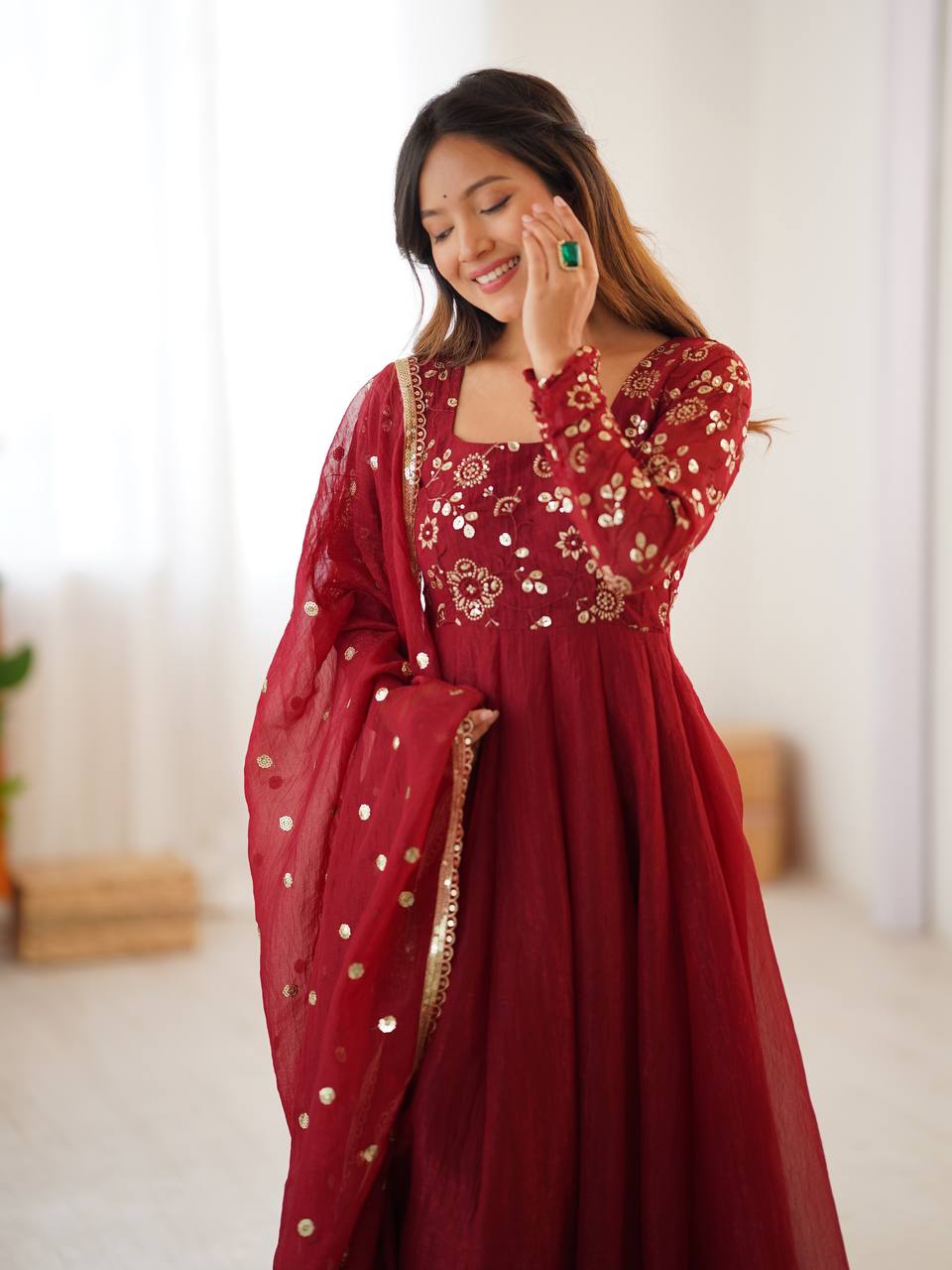 Crunchy Silk Maroon Anarkali with beautiful Dupatta