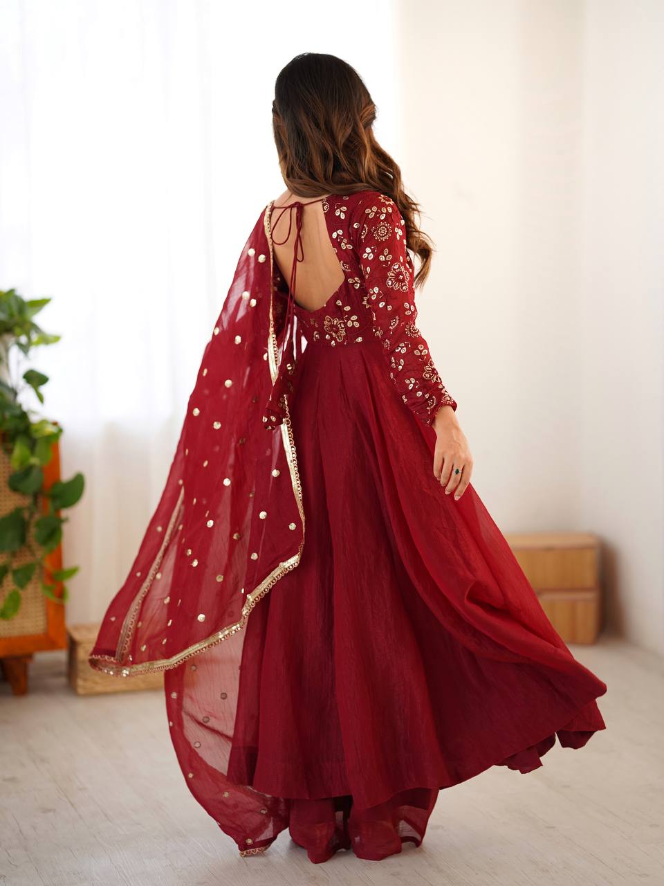Crunchy Silk Maroon Anarkali with beautiful Dupatta