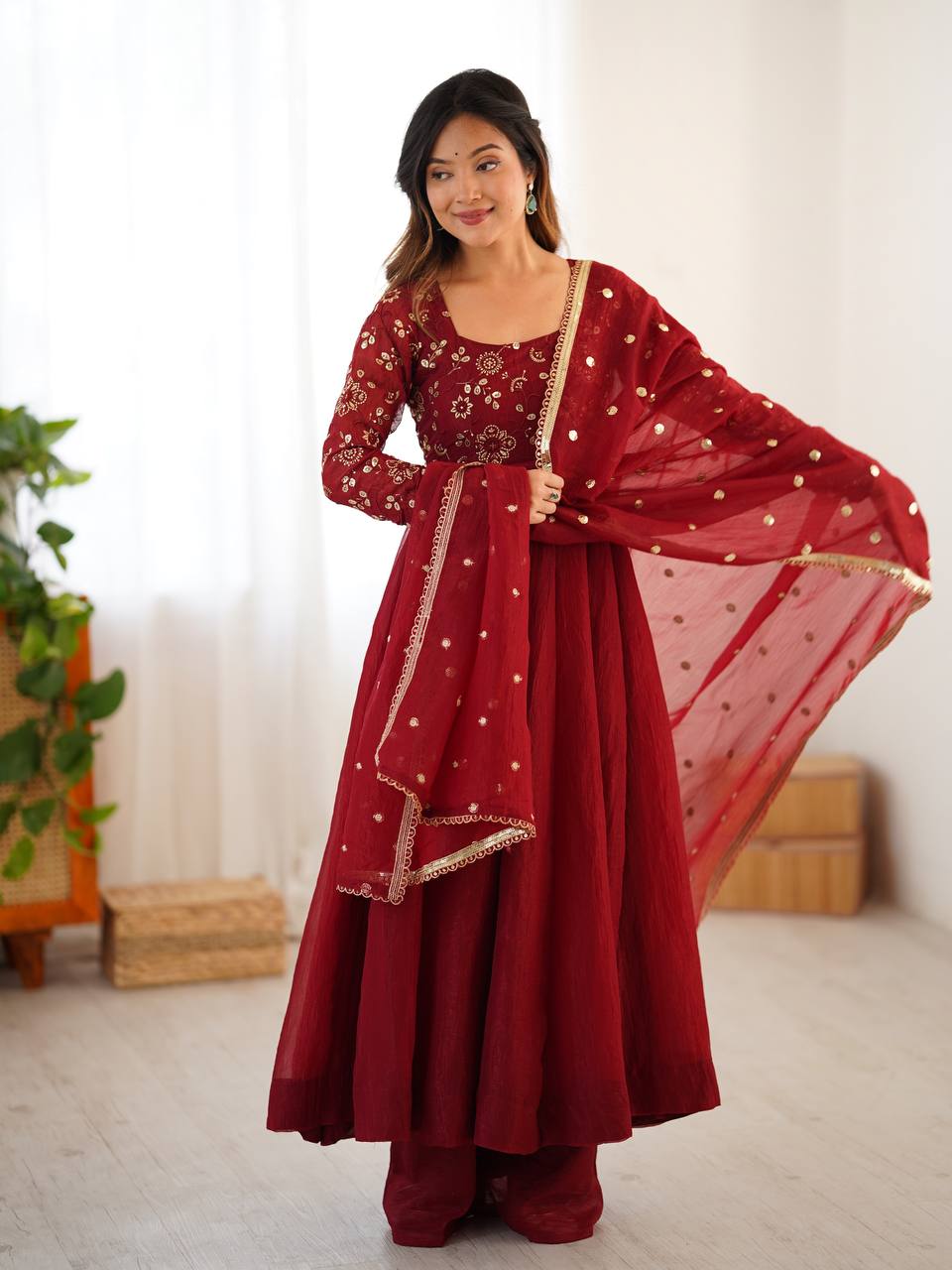 Crunchy Silk Maroon Anarkali with beautiful Dupatta
