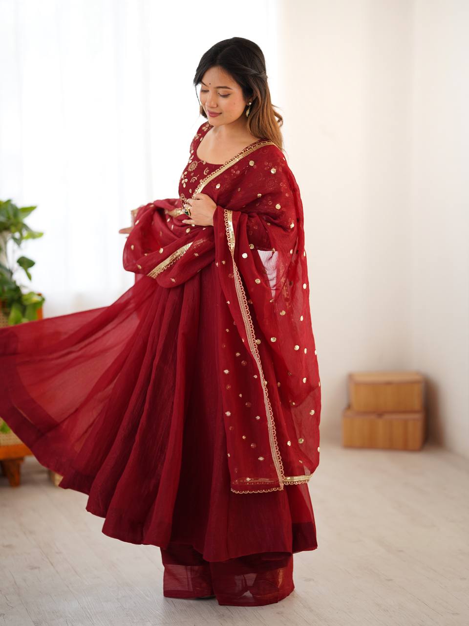 Crunchy Silk Maroon Anarkali with beautiful Dupatta