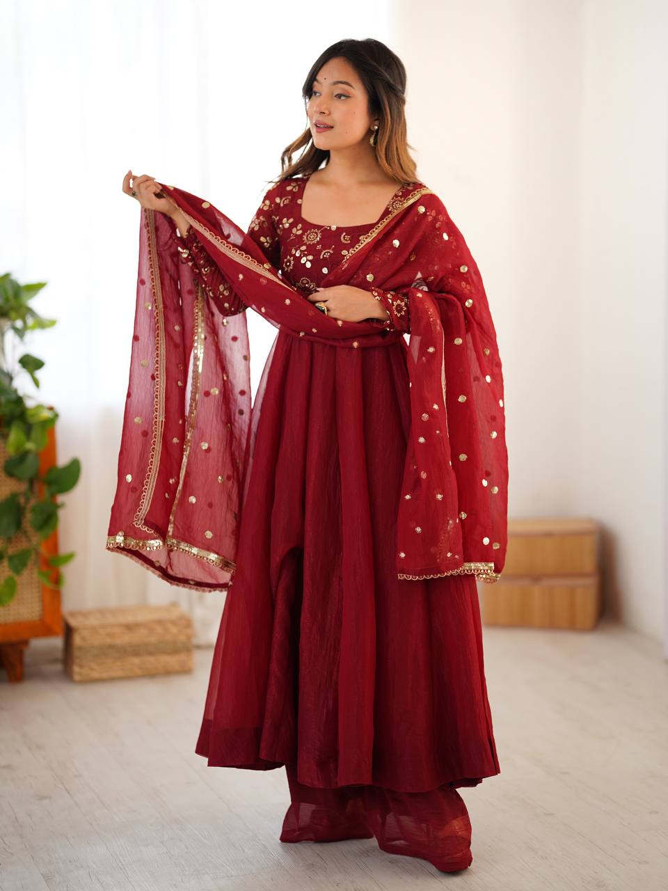 Crunchy Silk Maroon Anarkali with beautiful Dupatta